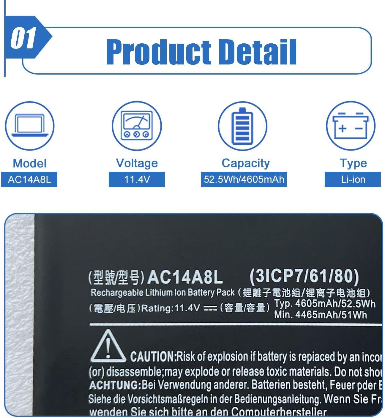 Dentsing AC14A8L Laptop Battery Replace for ACER V15 Nitro Aspire VN7-571 VN7-591 VN7-571G VN7-791G VN7-591G-77A9 VN7-791 Series AC14A8L(3ICP7/61/80) 11.4V 52.5Wh