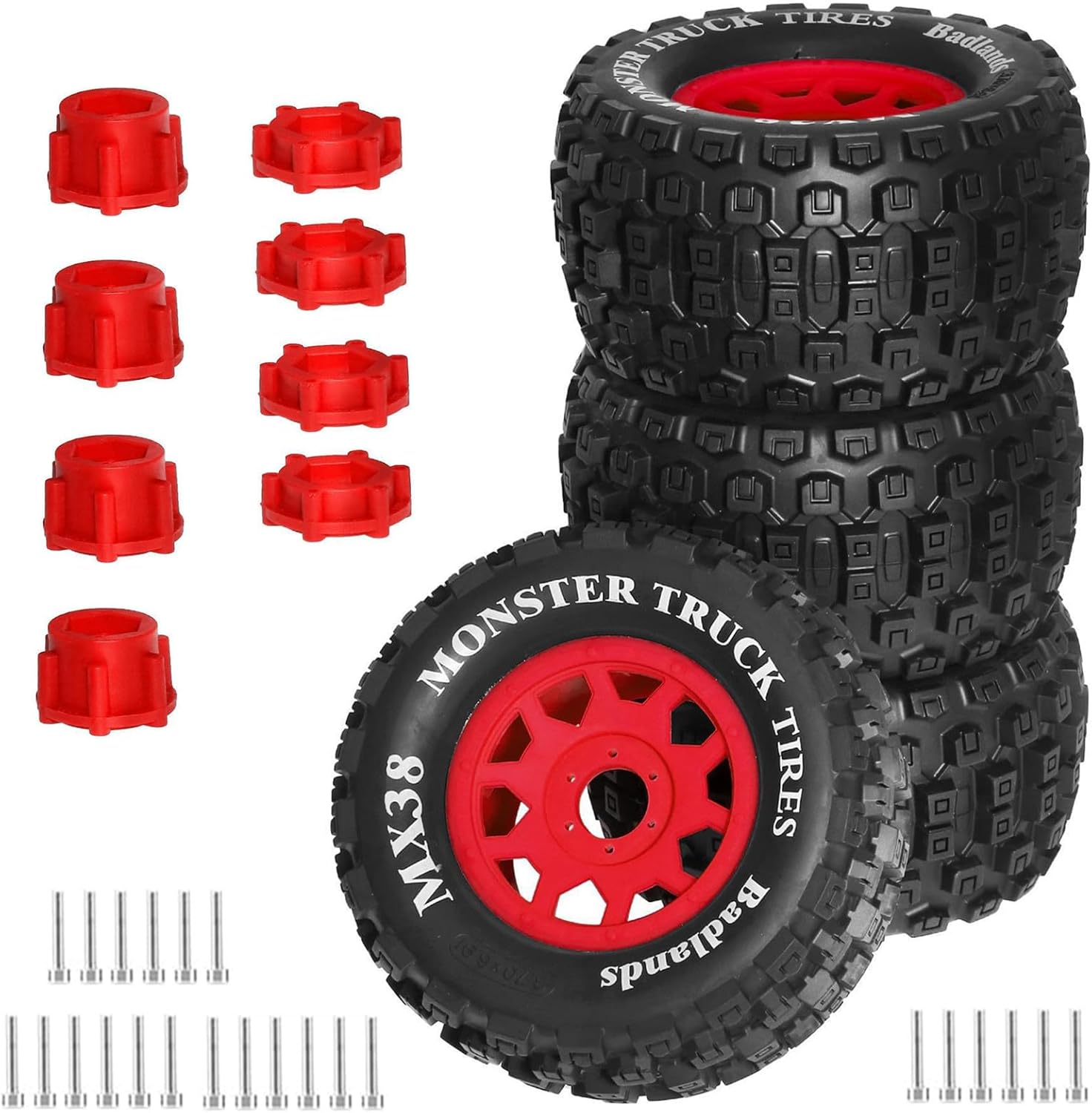 RC Monster Truck Tires and Wheels Set, MX38 3.8" MT Tires 17mm Hex for Arrma Notorious Kraton Outcast 6S E-REVO Summit TEKNO MT410 1/7 1/8 1/10 RC Truck(Red)