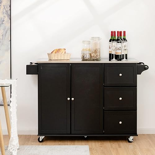 Miniatura 3 de GLACER Carrito de isla de cocina con ruedas, carrito de cocina con ruedas con encimera de acero inoxidable, isla de cocina rodante para cocina,