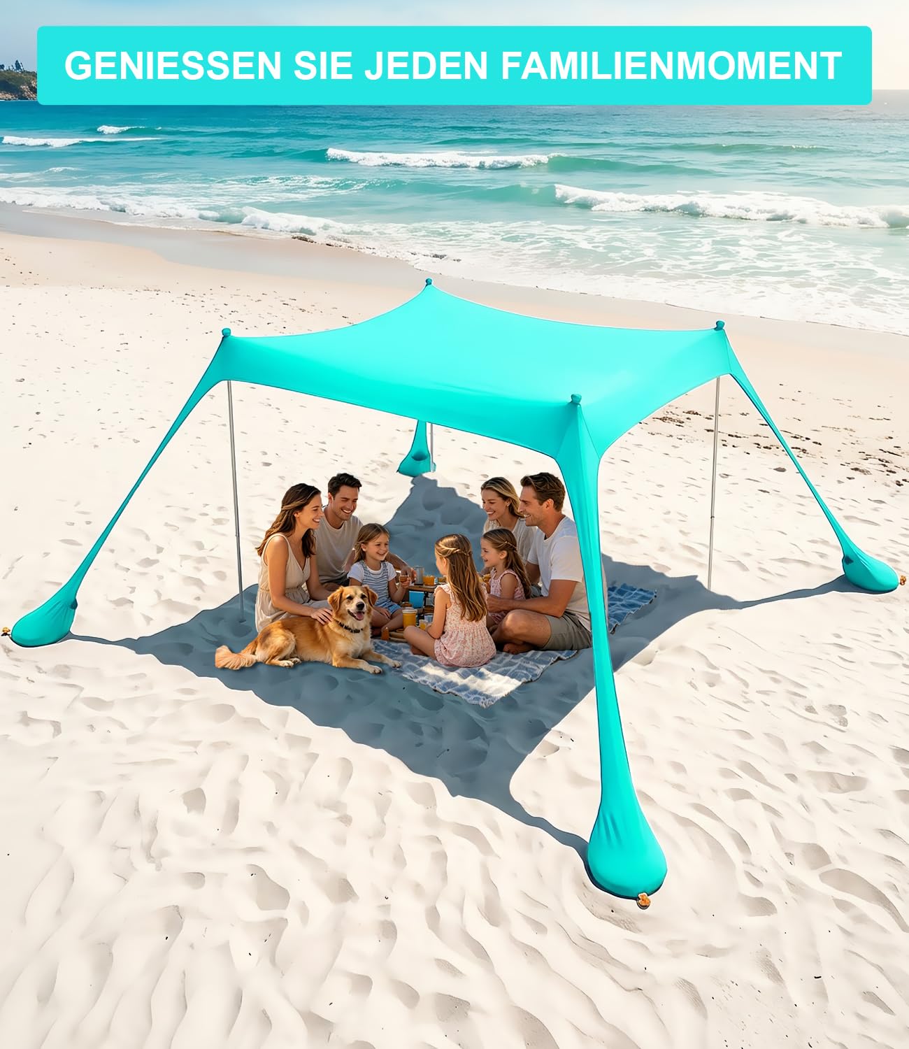 UPF50+ Strandzelt 3m x 3m Sonnenzelt mit Sandschaufel & Erdnägeln für Strand Camping Angeln