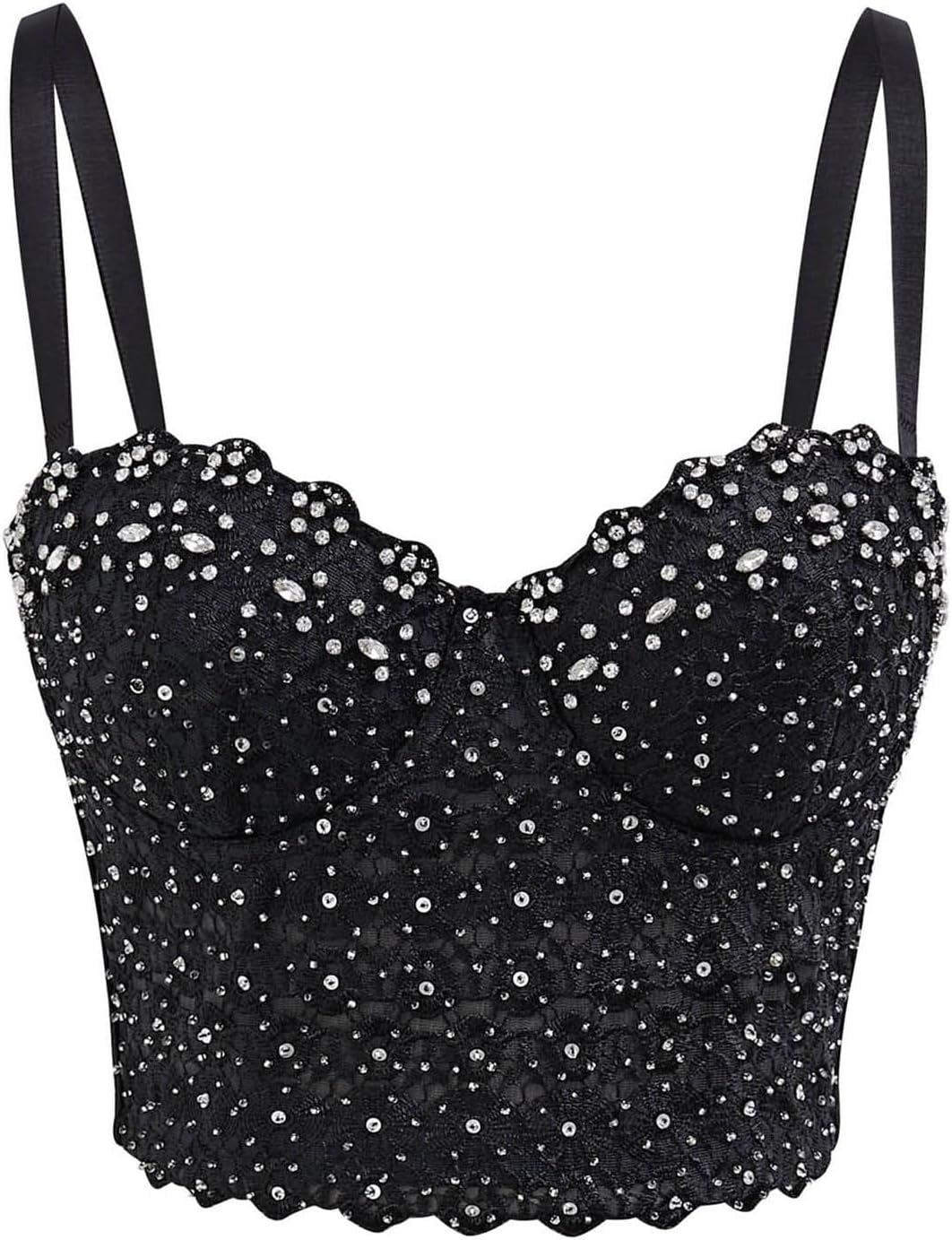 Women's Lace Rhinestone Bustier Crop Top Sexy Mesh Party Corset Top Bra