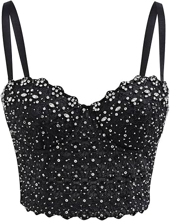 Women's Lace Rhinestone Bustier Crop Top Sexy Mesh Party Corset Top Bra