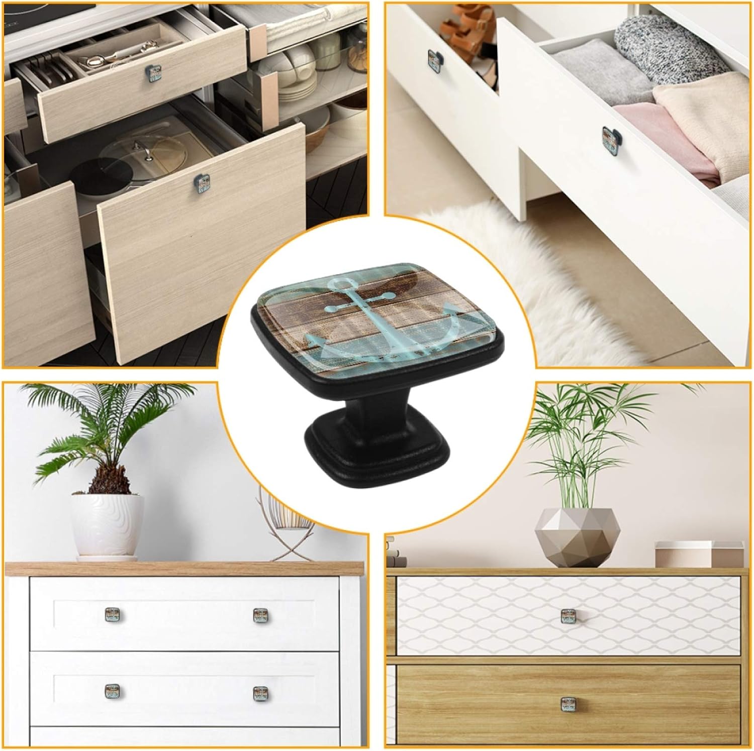 4 Pieces Cabinets Drawer Pulls Handle Nautical Anchor Rustic Wood Print Hardware Square Knobs with Screws Bookcase Knob Kitchen Furniture Decor