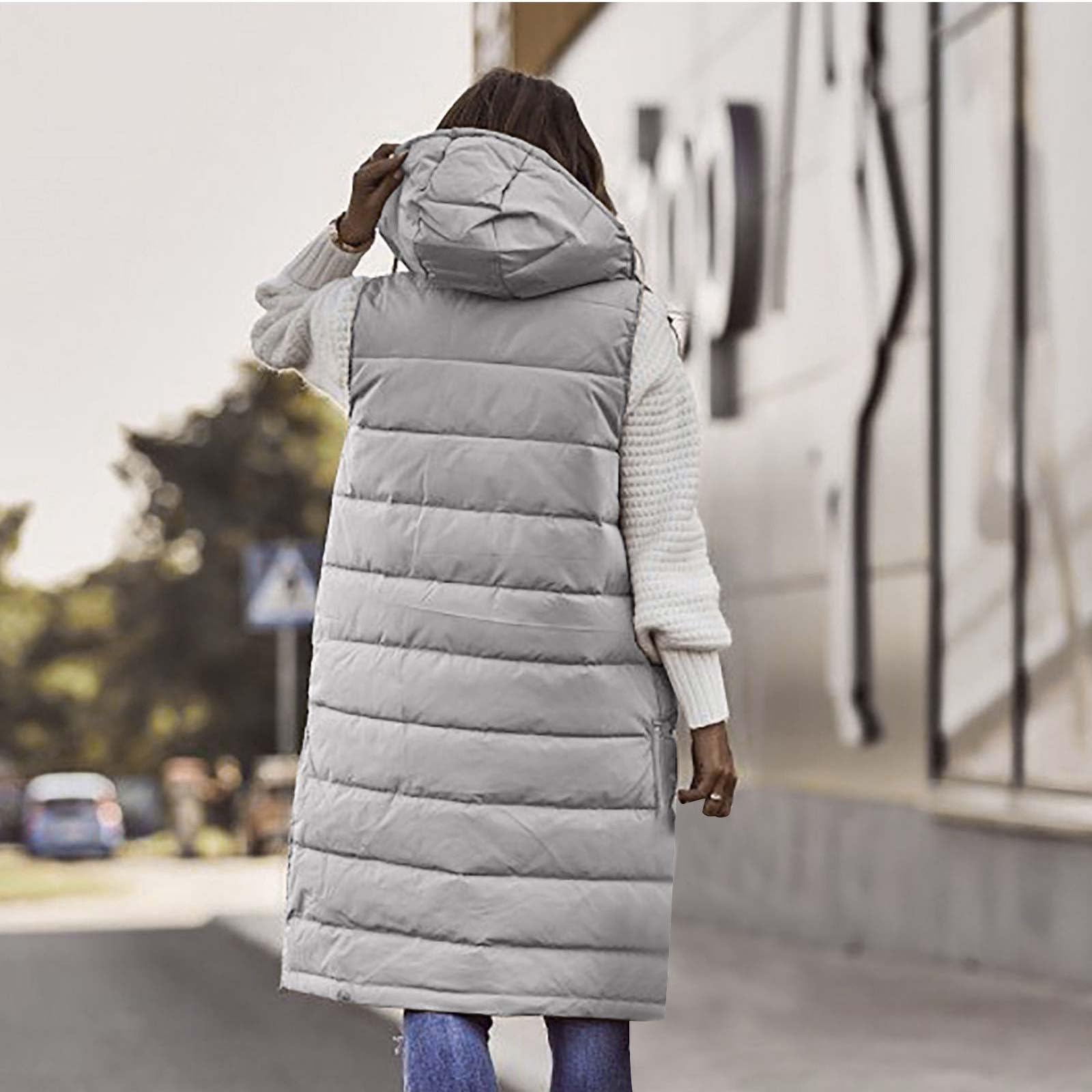 HAOLEI Chaleco Largo para Mujer de Capucha con Cremallera Ligero Chaleco Acolchado de Plumas Abrigada y Gruesa Chaqueta de Invierno Sin Mangas Cómoda Abrigo de Cálidos con Bolsillos Casual Outwear