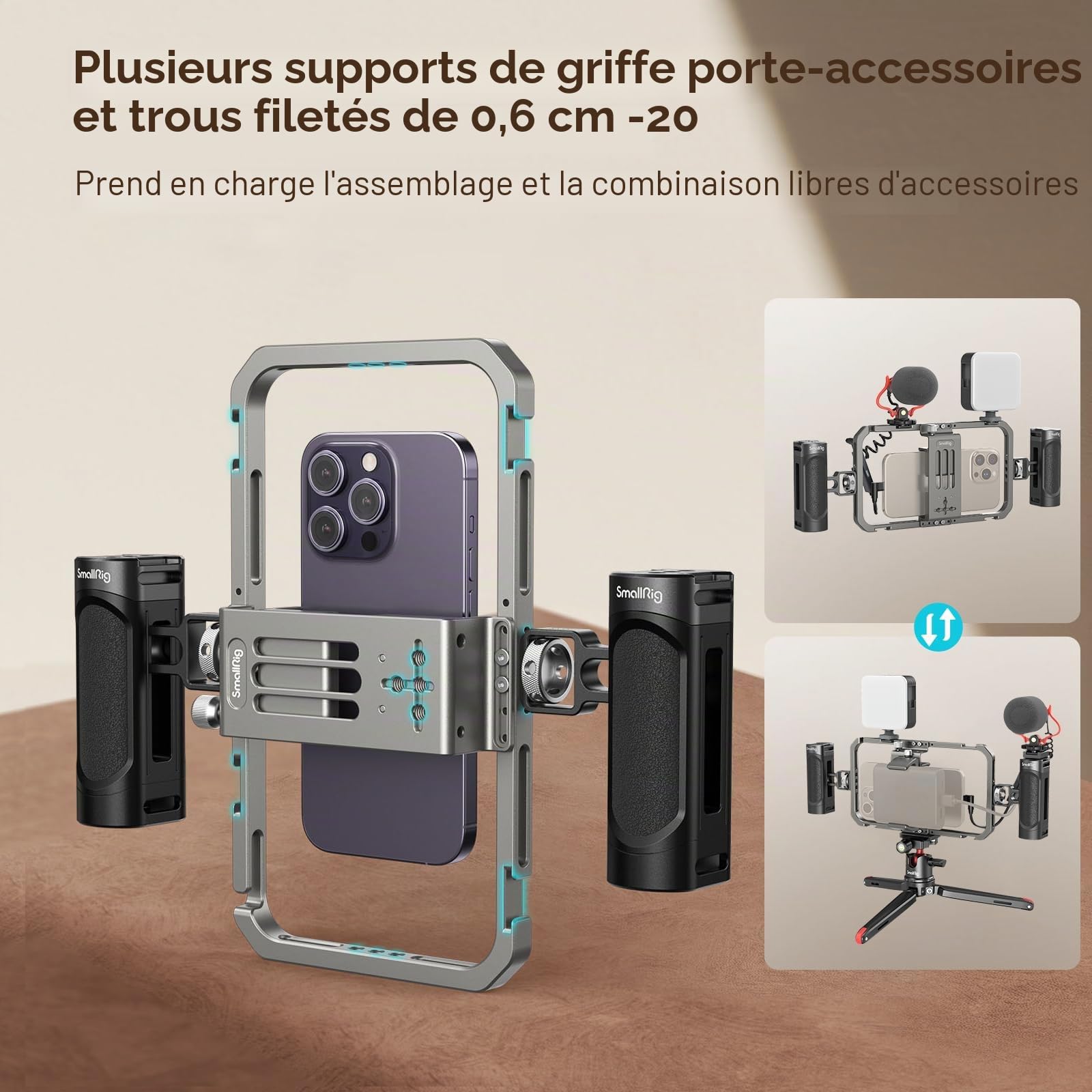 SMALLRIG Kit de Montage Vidéo avec Poignée Smartphone Video Rig avec Lumière Vidéo, Microphone et Trépied en Alliage d'Aluminium pour Tiktok et Youtube Vlog, pour Mobile Video Maker - 3384D