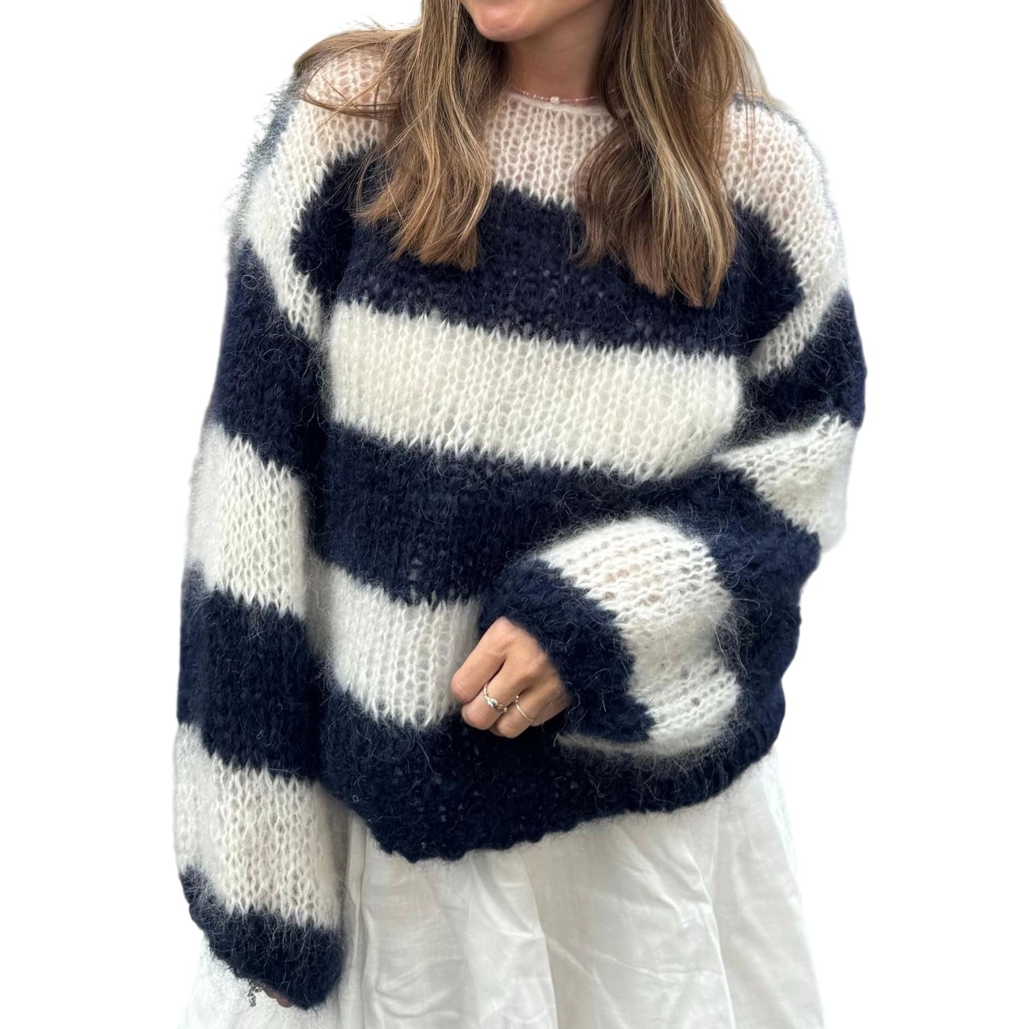 Women Y2k Oversized Striped Sweater Color Block Crewneck Pullover Ribbed Knit Jumper Lightweight Fall Tops