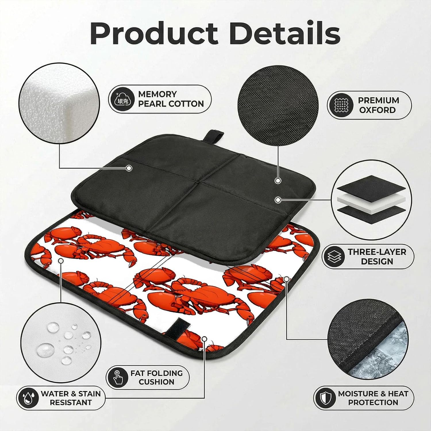 (Red Lobster Printed) Sitting Pad Foldable Seat Cushion Lightweight Camping Seat Mat with Hook for Outdoor Hiking Picnic Camping