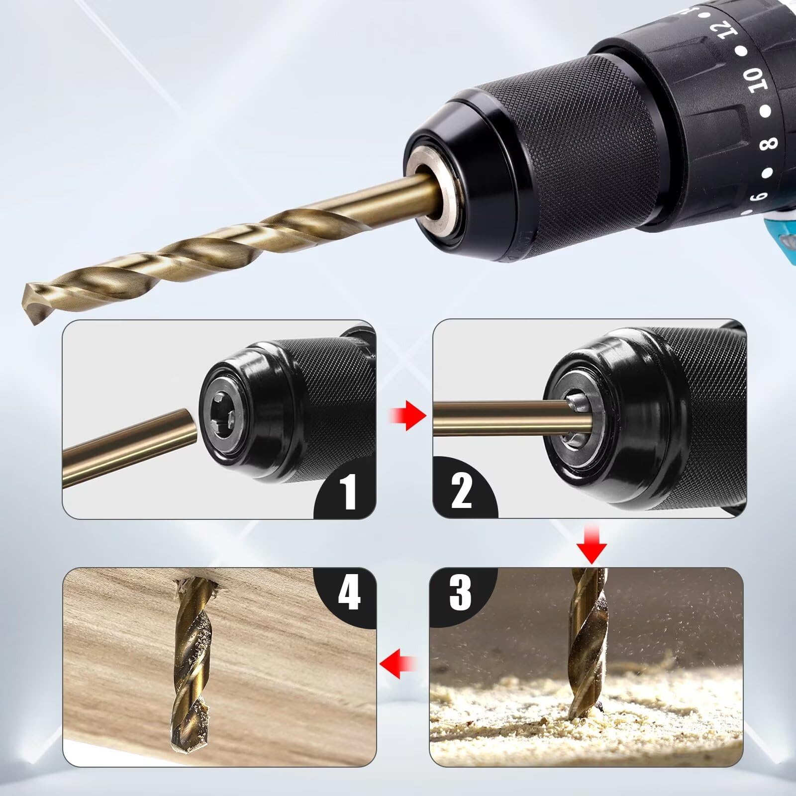Set di 21 punte da trapano in cobalto da 1/16-3/8" M35 HSS Twist Jobber lunghezza per metallo temprato, acciaio inossidabile, ghisa e legno
