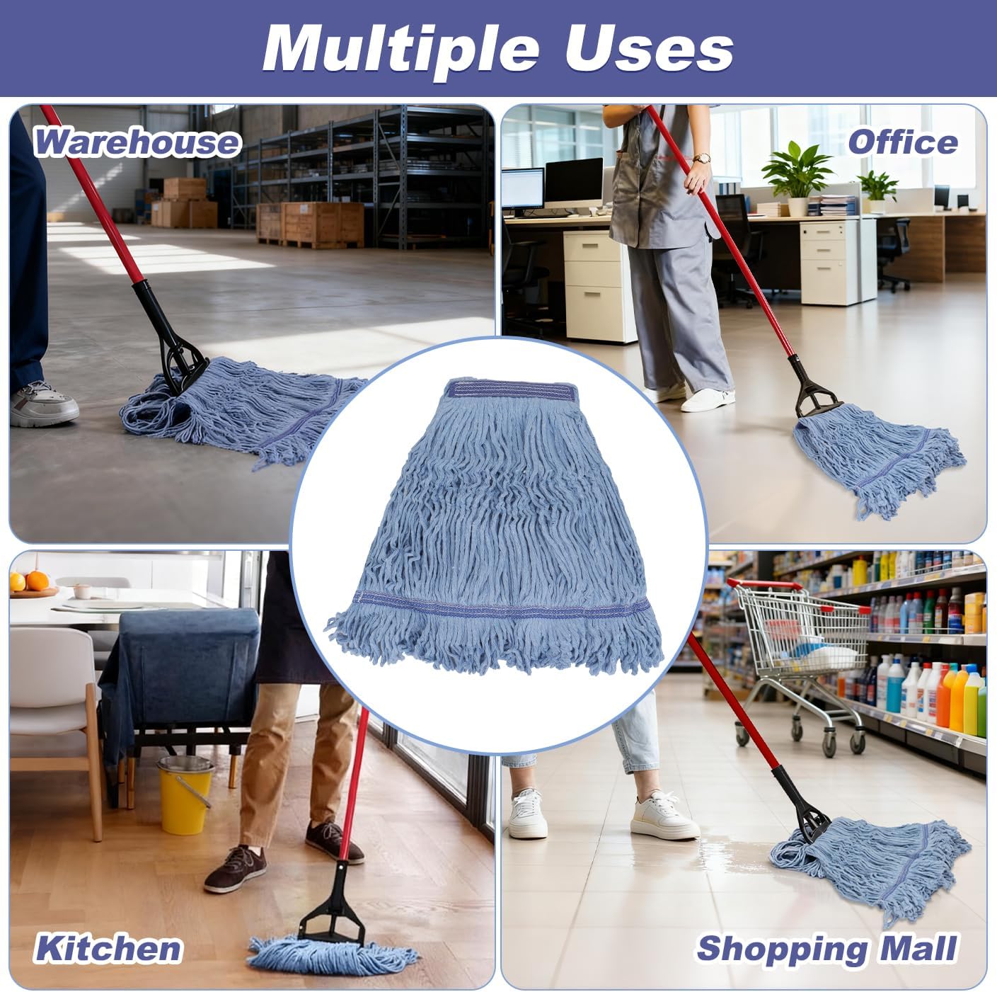 Commercial Heavy Duty Mop Head Replacement for Rubbermaid: Wet Industrial Large Blue Cotton Looped End String Microfiber Mop Heads Refill 16oz Universal for Floor Cleaning - 6packs Washable Mopheads