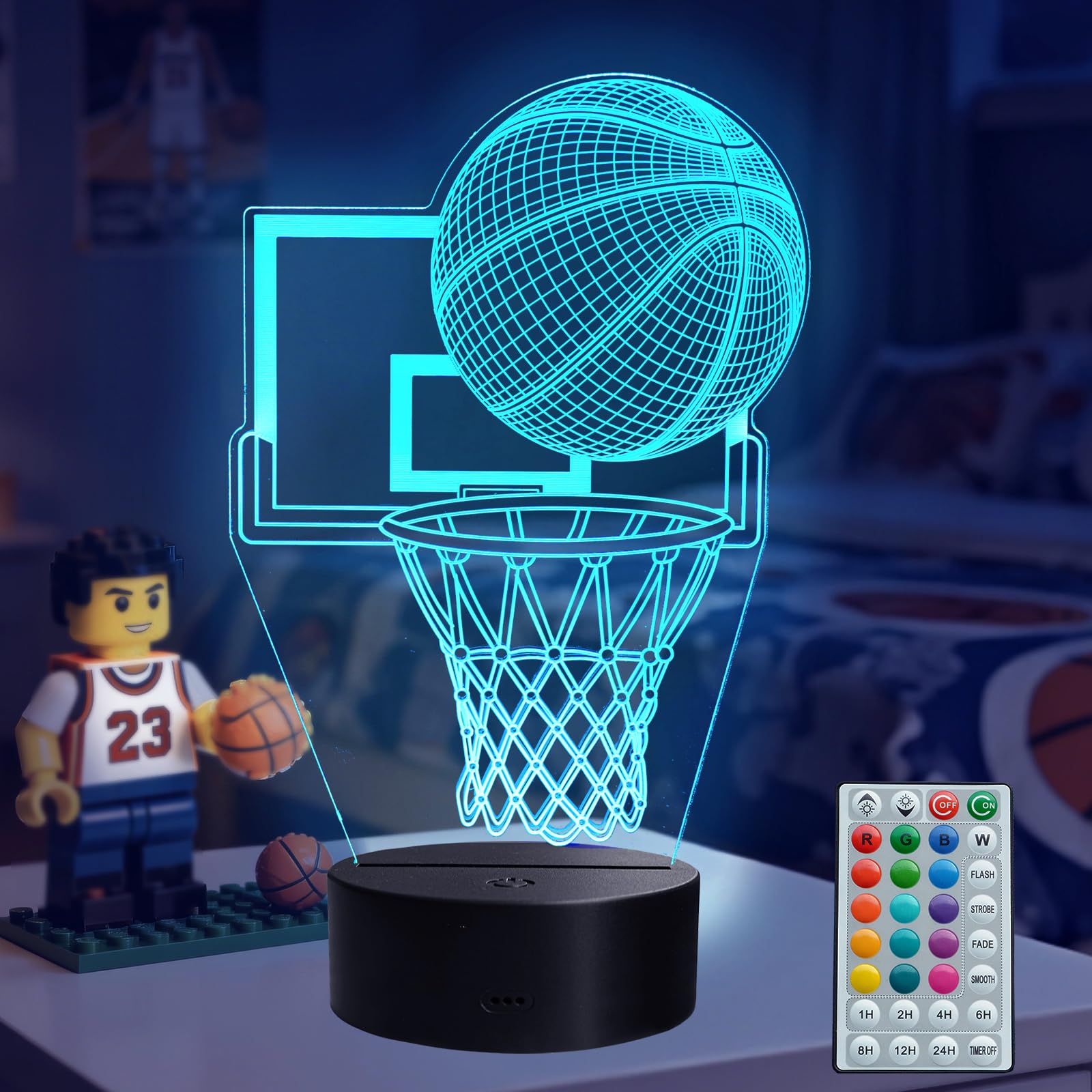 POSSHE Rugby Night Light, 3D Illusion LED Lamp with 16 Colour Changing, Remote, Dimmer and Timer, Football Gift for Kids, Room Decoration (Basketball)