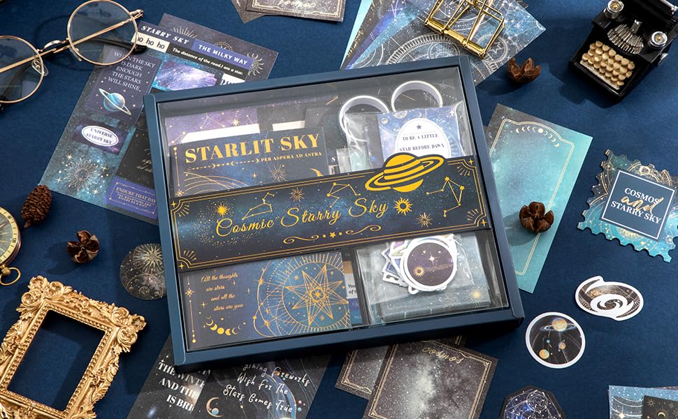 icceemee Scrapbooking Supplies Kit, Blue Starry Sky Scrapbooking Kit for Bullet Junk Journaling, Stationery, A6 Grid Notebook, Floral DIY Note-Taking Supplies, Birthday Craft Gift for Teen Girls