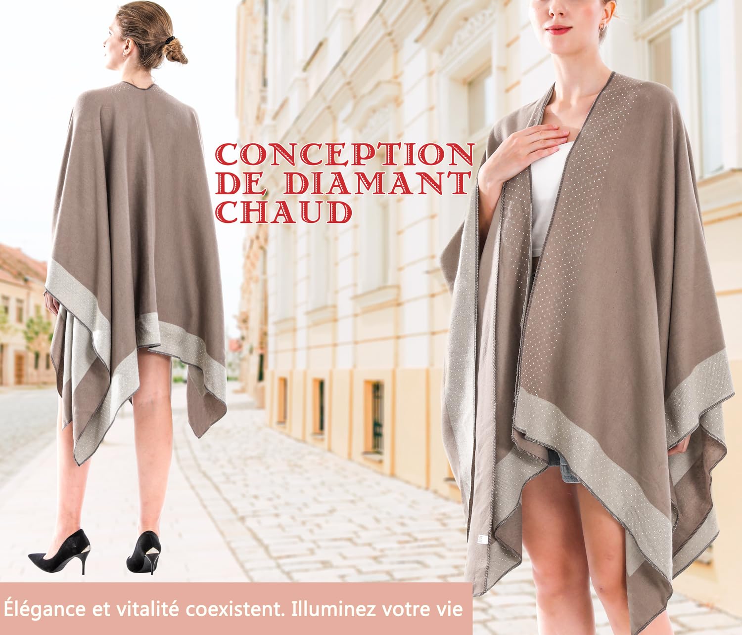 Shmily Girl Poncho Femme Hiver Élégant Châle Femme Chaud Poncho Cape Réversible Écharpe Châle Hiver Automne Poncho Châle Ouvert Cape pour Femme