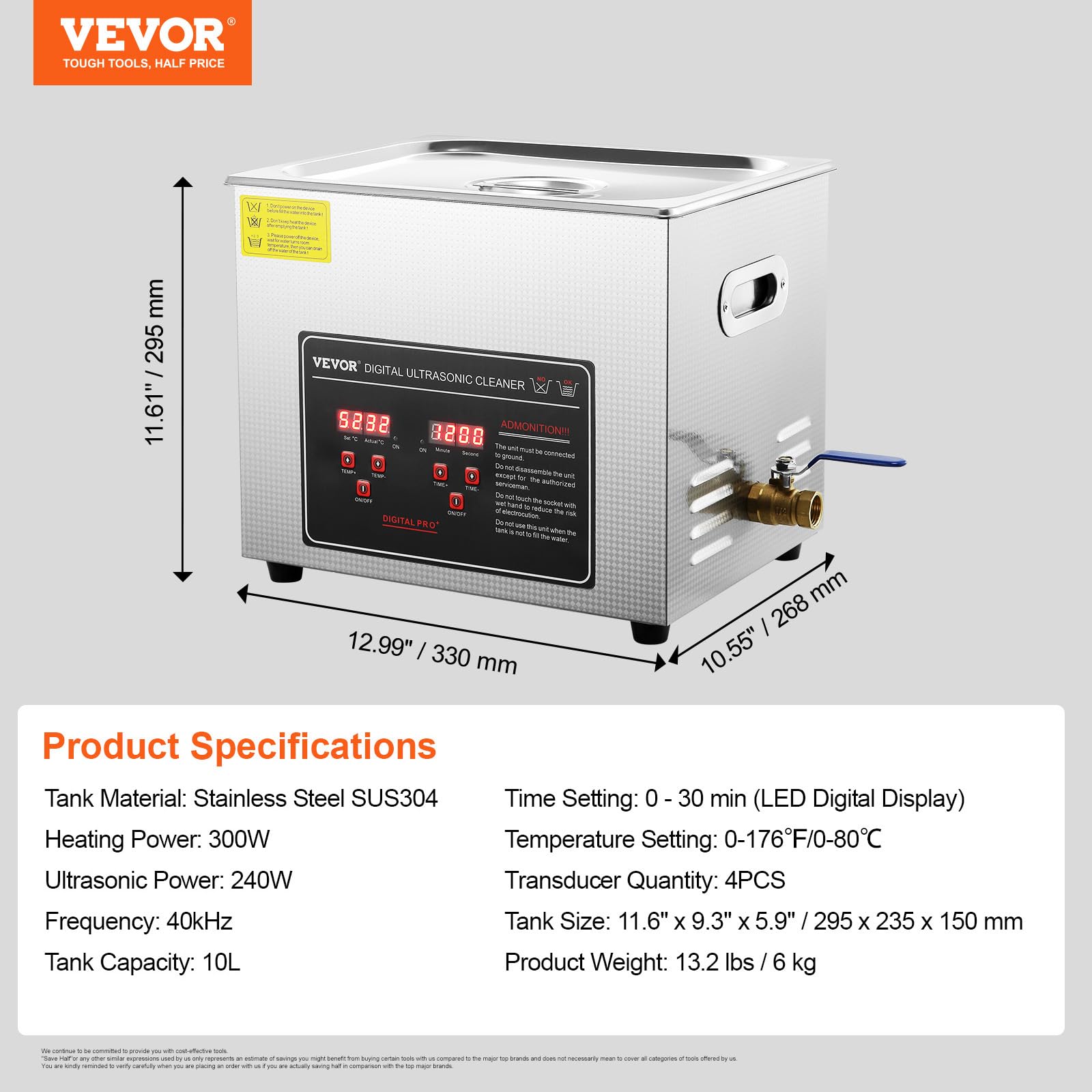 VEVOR Ultraschallreiniger Ultraschallreinigungsgerät 300 W, 10 L Ultraschallreinigungsgerät mit Digitaler Anzeige 0-30 Min, Ultraschallreinigungsgerät für Schmuck Brillen Uhren