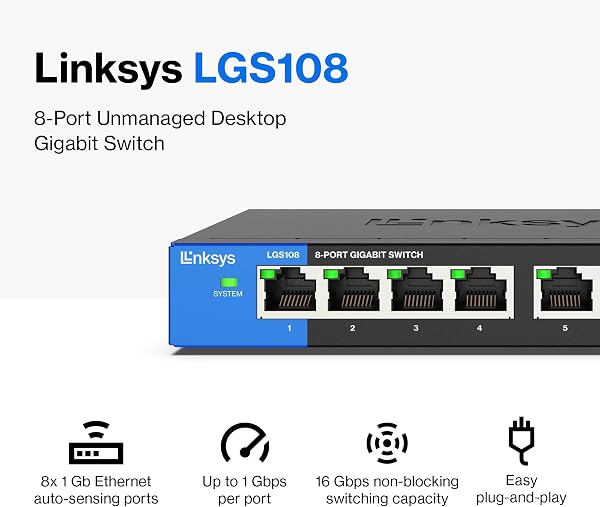 Linksys LGS108 Business 8 Port Desktop Gigabit Unmanaged Network Switch - 2