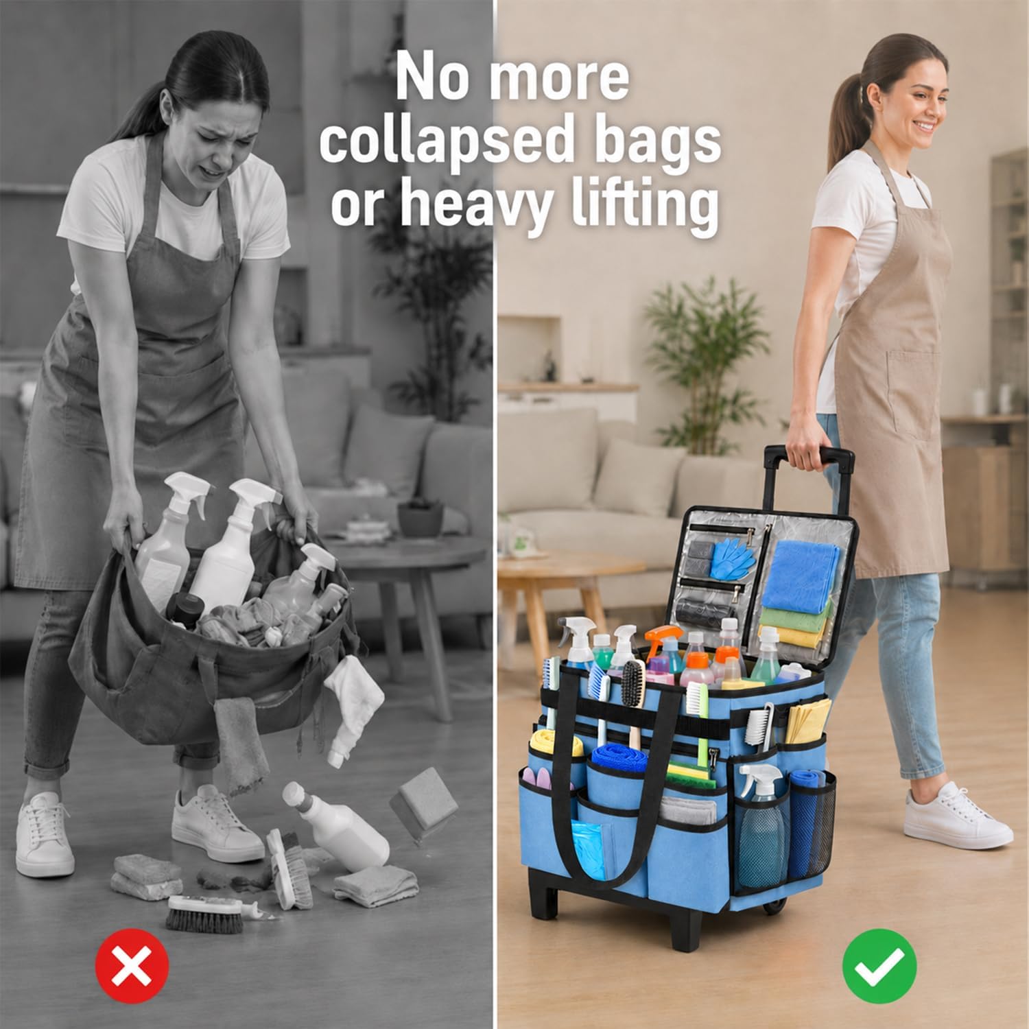 Large Rolling Cleaning Caddy Bag with Telescoping Cart, Blue