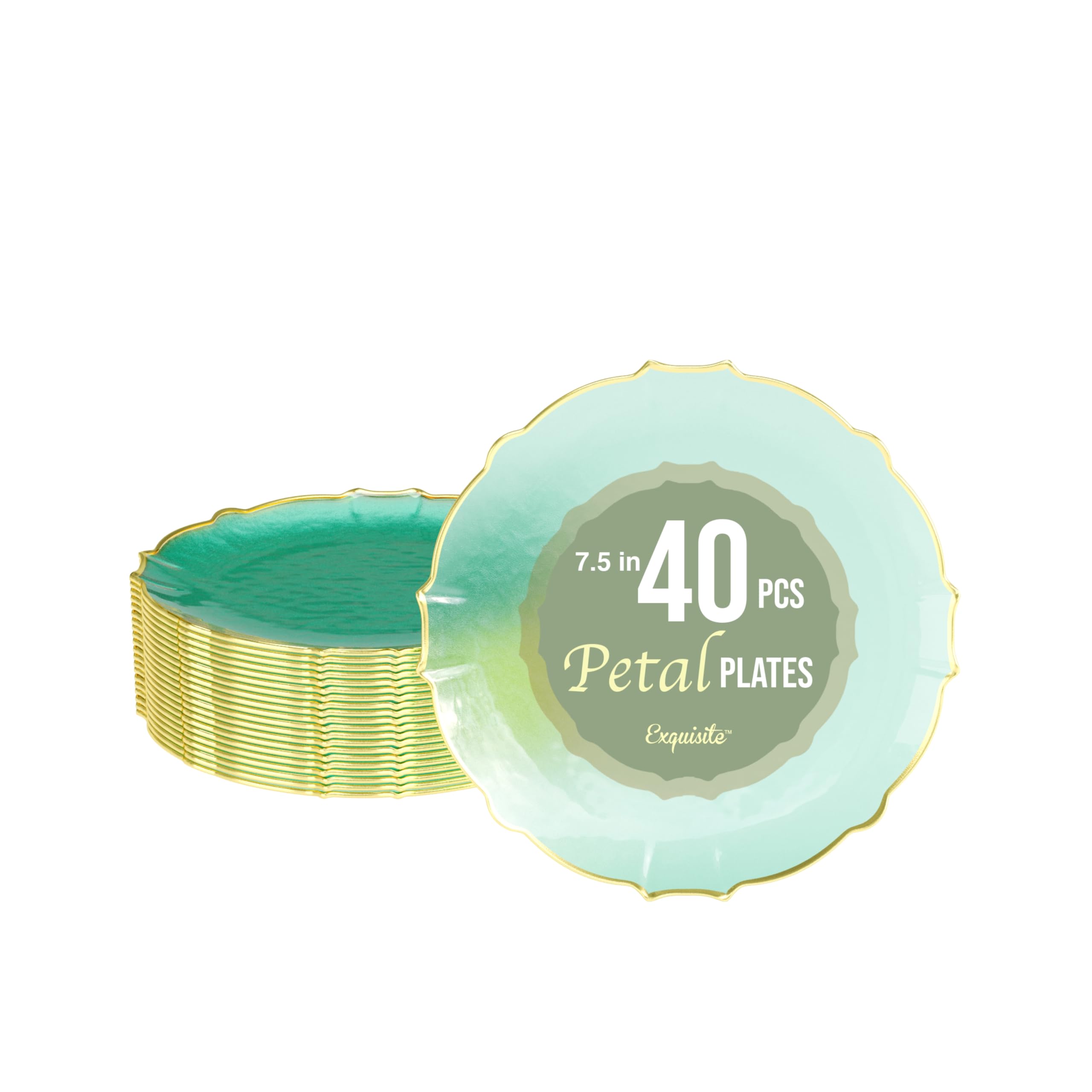 Exquisite Elegant Plastic Dinner Plates for Party - 40 x 7.5 inch Disposable Plates in Mint with Gold Rim