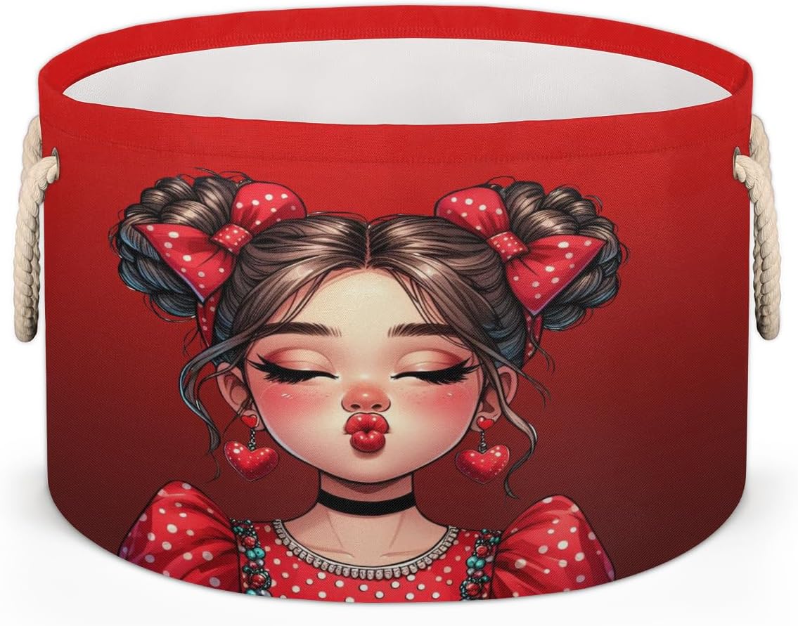 Large Round Laundry Basket Red Cute Little Girls Toy Bins Organizers and Storage for Girls Canvas Collapsible Blanket Storage Basket Laundry Hamper Gift Baskets Bedroom Clothes Children Nursery