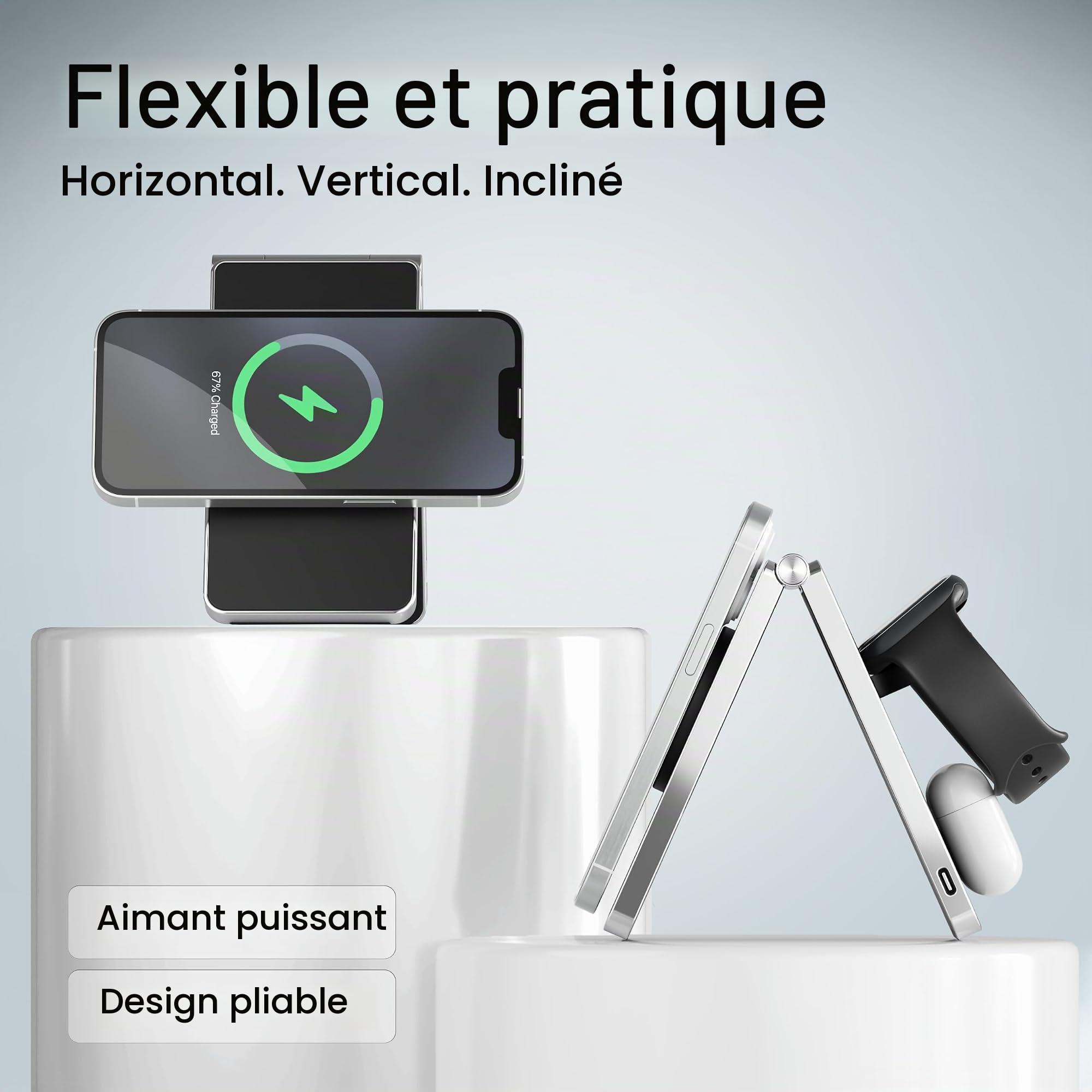 Chargeur à Induction 3 en 1 Compatible MagSafe en Aluminium – Station de Charge Apple pour iPhone, Apple Watch et AirPods – Support Pliable avec Adaptateur 20W, Charge Rapide