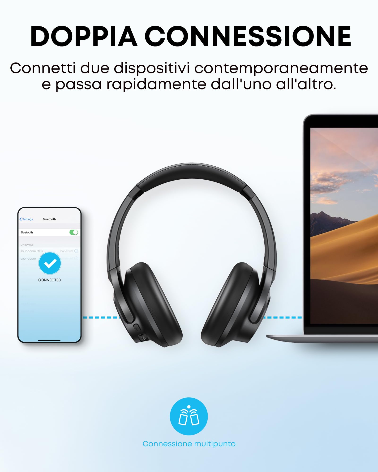 soundcore by Anker Q20i - Cuffie wireless Bluetooth over-ear con cancellazione ibrida attiva del rumore, 40 ore di riproduzione in modalità ANC, personalizzazione tramite app (nero)(ricondizionato)