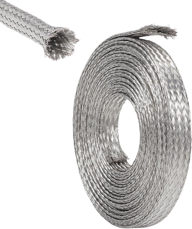 UNICRAFTALE 5m 12mm Wide Braided Sleeving Braid Stainless Steel Cable Wire Shielding Sleeve Ground Straps Protection Flat Metal Mesh Flexible Expandable Scalable Ribbon Wire for Protect Cable