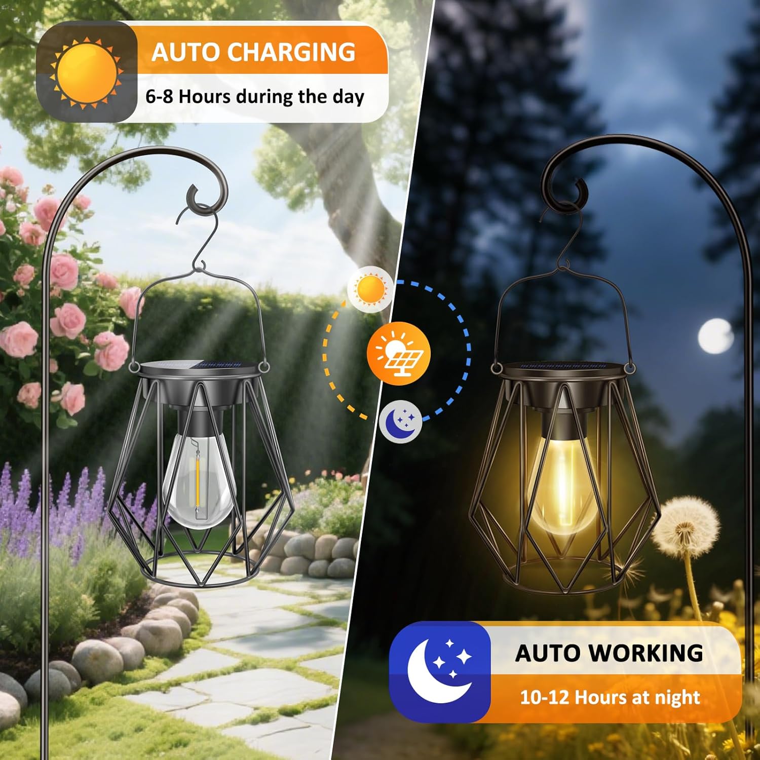 Solar Lanterns Outdoor Waterproof Decorative Lanterns Waterproof LED Outdoor Hanging Solar Lights with Metal Hook for Outdoor Yard Garden Pathway Pack of 2