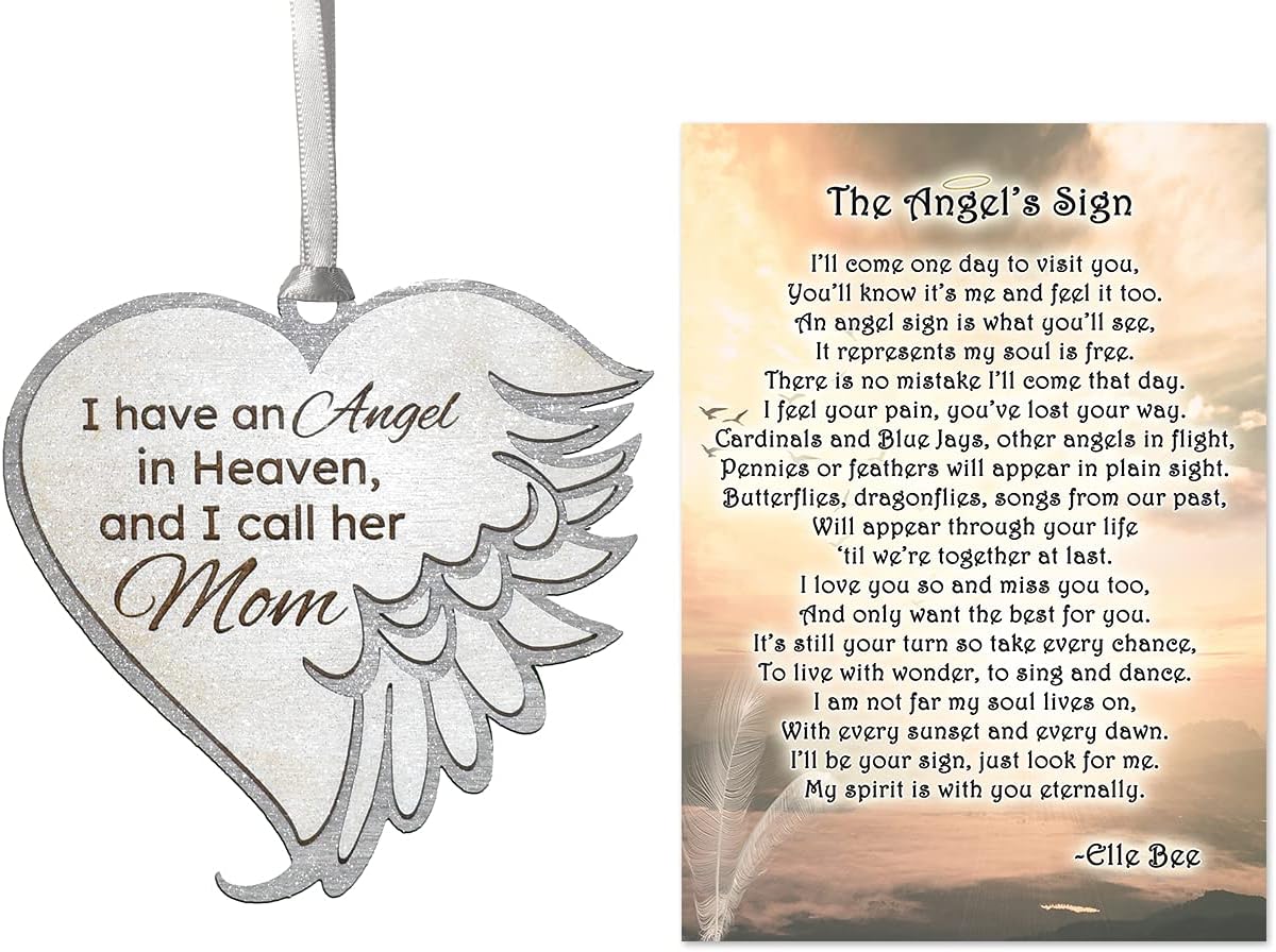 Lola Bella Gifts Angel Wing Wooden Sculpted Memorial Handmade Ornament for Loss of Mom and Angel's Sign Poem Card with Box Sympathy Grief Gift (Silver)