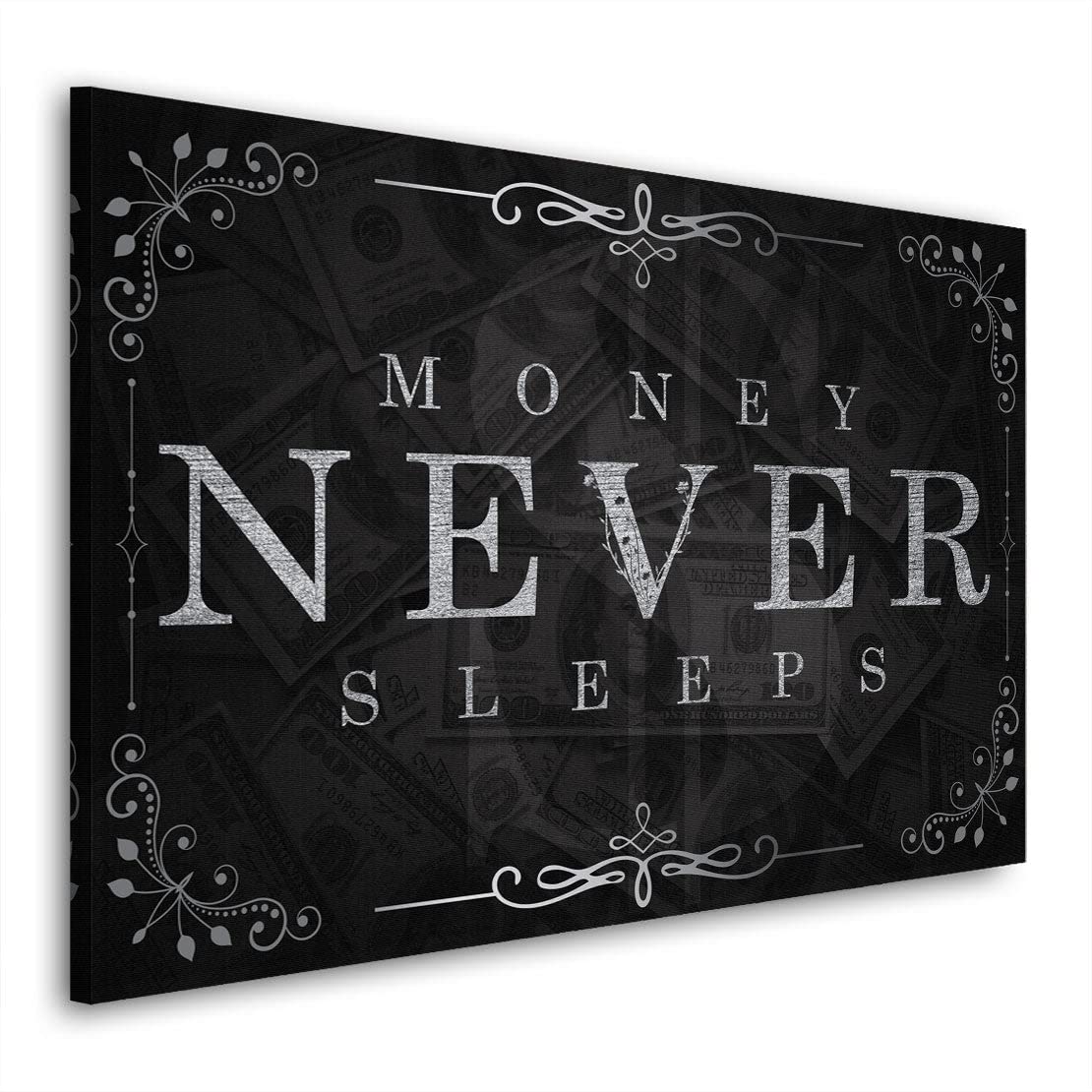 Quadro Moderno Stampa su Tela Motivazionale Soldi Money Never Sleeps Silver Canvas Dimensione 60x40x2cm
