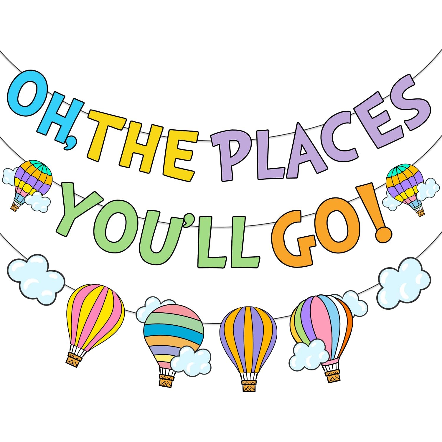 Oh The Places You'll Go Decorations Banner, NO-DIY Colorful Dr Decorations Banner, Kindergarten Graduation Party Decoration for Colorful Party Decoration First Birthday Banner Decoration
