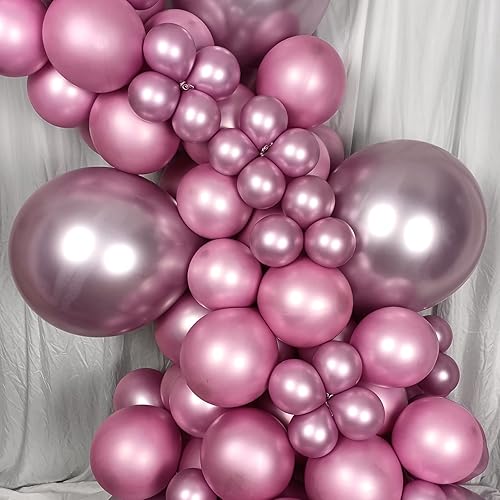Miniatura 6 de Paquete de 100 globos rosados metálicos cromados de diferentes tamaños de 18, 12, 10, 5 pulgadas, globos de fiesta de KIRIKOU para cumpleaños, San
