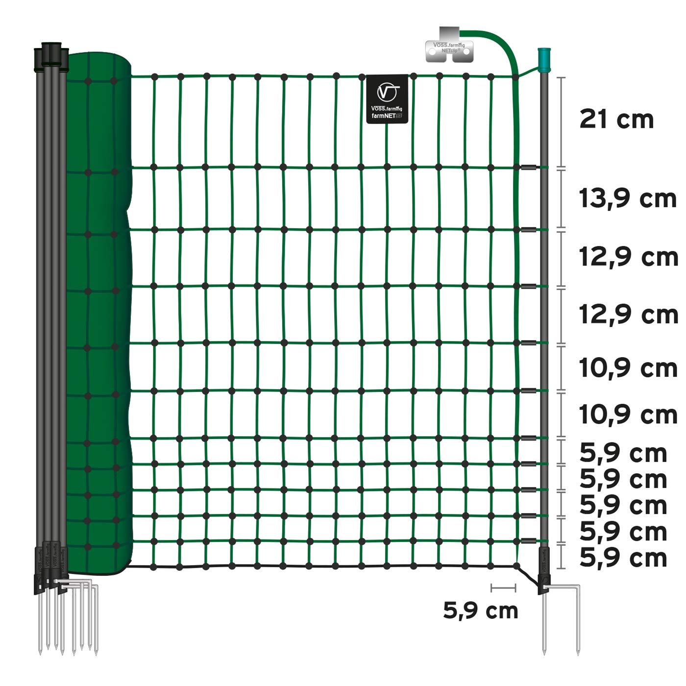 VOSS.farming Rete per pollame, per recinzioni elettrificabili farmNET 25 m, Altezza 112 cm, a Punta Doppia, 9 Pali, Colore Verde