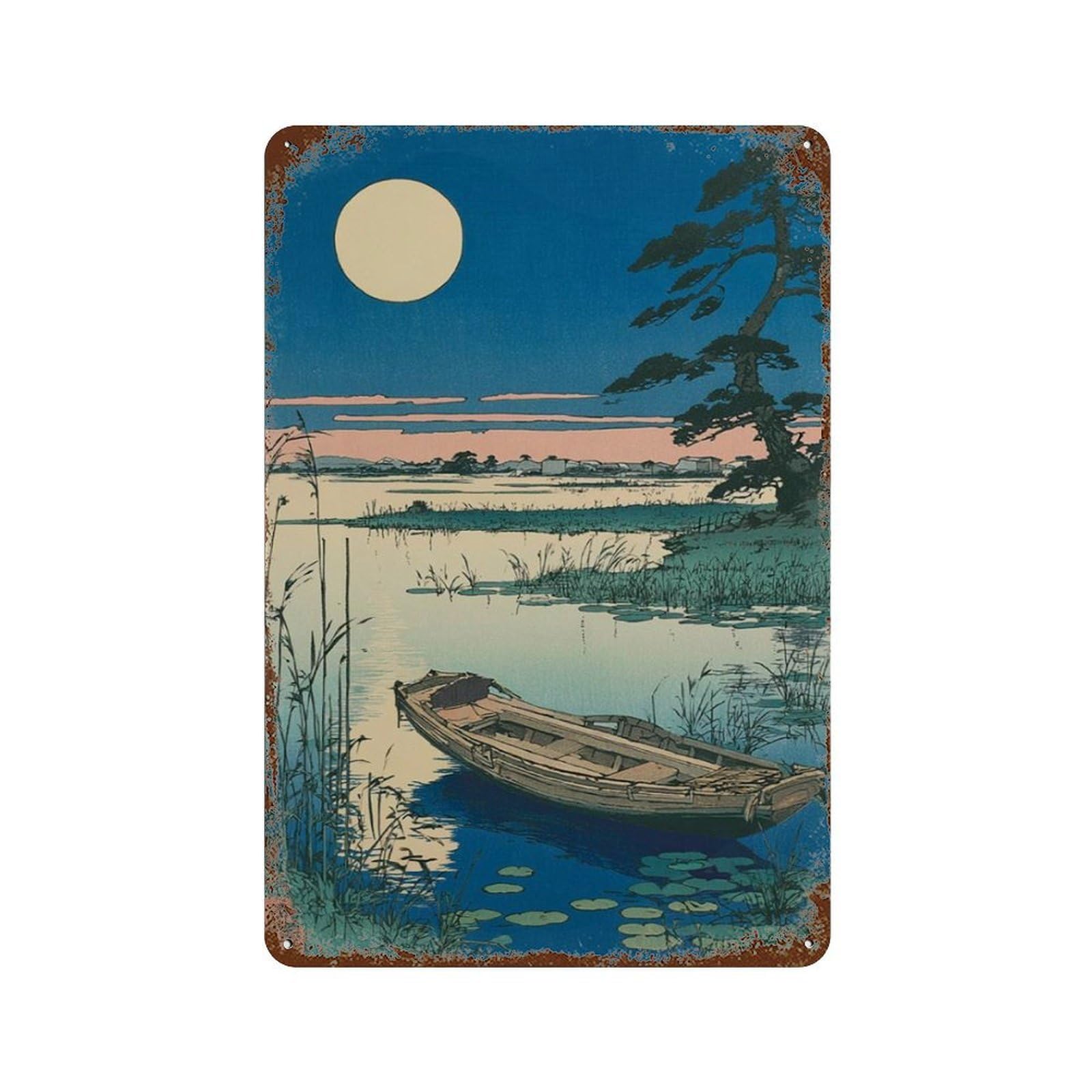 xiaoxiaoshen Japanese Lake Landscape Moonlit Boat And Reeds Woodblock Style Wall Decor Art Metal Tin Poster Modern Home Decor Art Home Bar Shop Decorations Vintage Sign 30x20cm