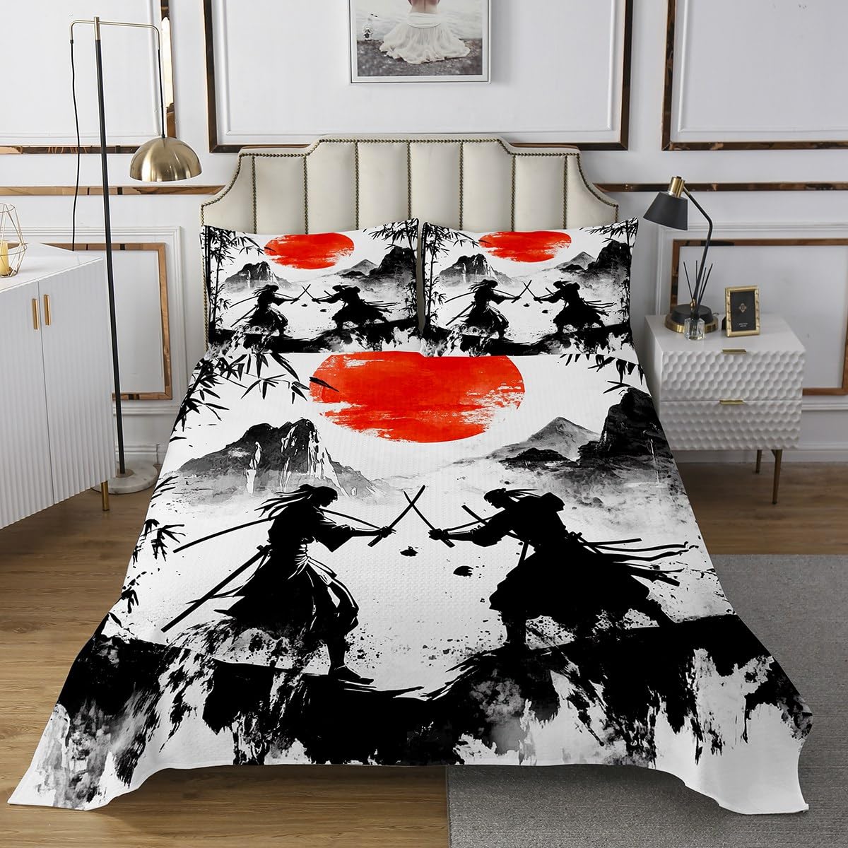 Japanese Samurai Bedspread King Size, Black Bamboo Mountain Red Sun Print Coverlet Set 3pcs, Retro Fashion Ink Art Quilted Coverlet with 2 Pillowcases, Kids Boy Girls Room Decor