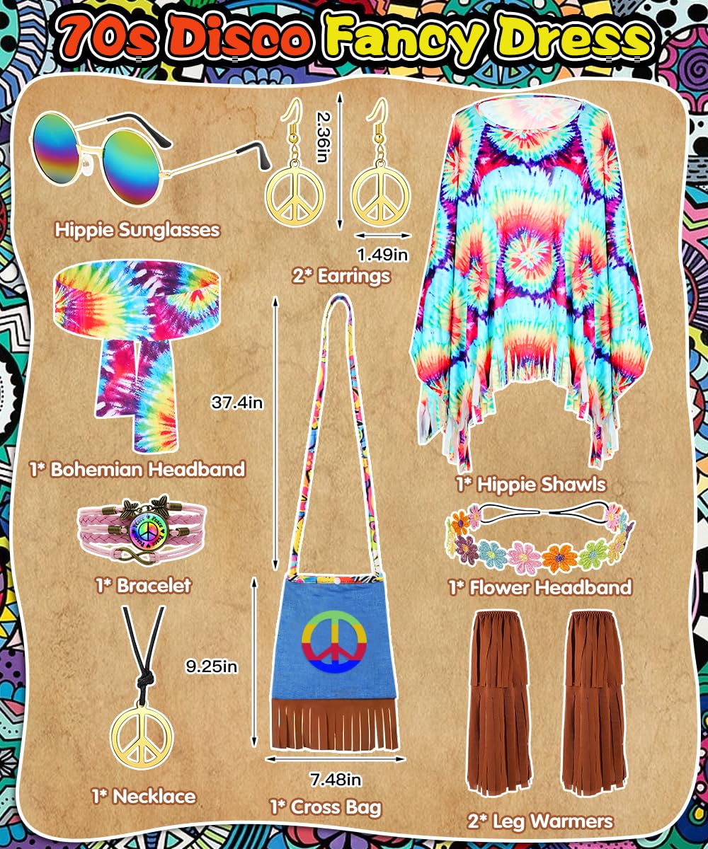 Disfraz Hippie Mujer, Conjunto de Disfraz Hippie Años 60, Disfraces de Hippies para Mujery Otros Accesorios, Hippies Capa Años 70 de Discoteca para Fiestas y Halloween