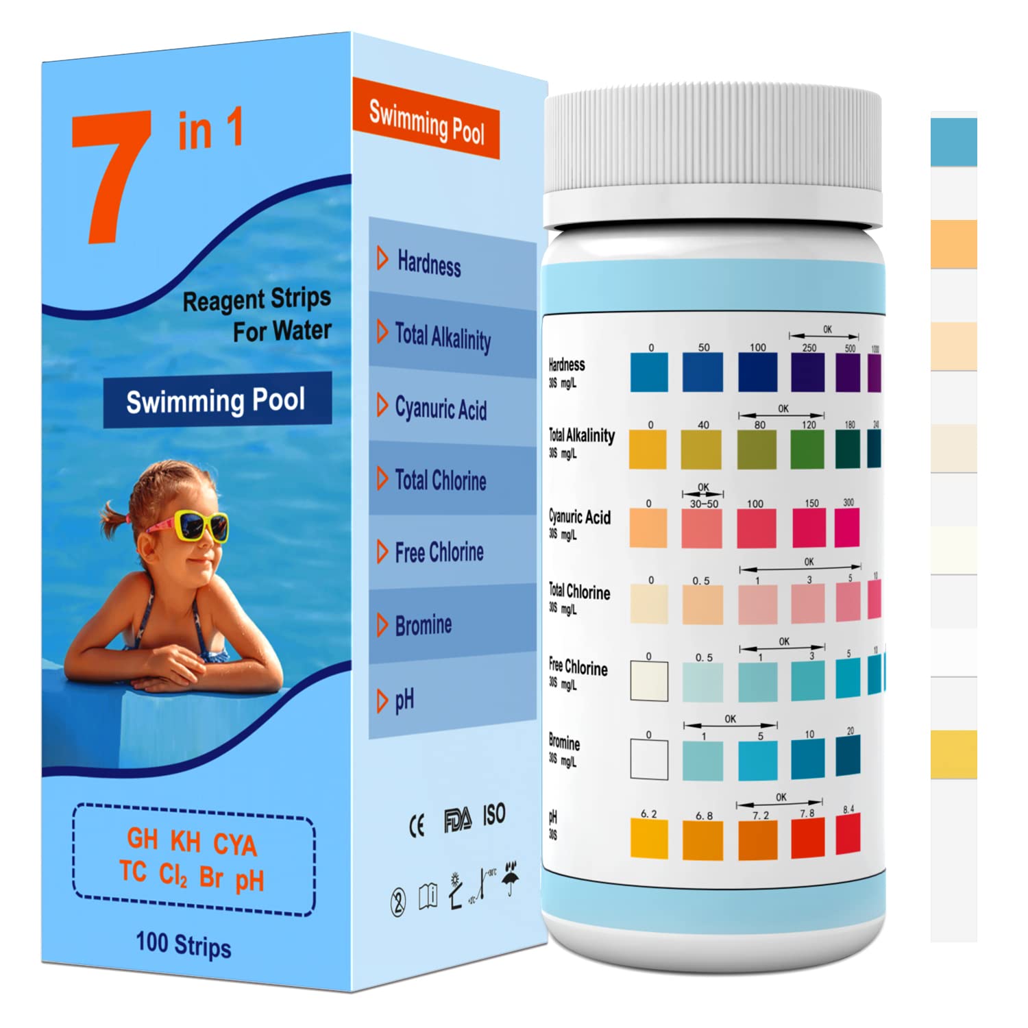 100 tiras reactivas para piscina, 7 en 1, tiras de prueba de agua para piscina, dureza total de piscina, cloro libre, bromo, cloro total y valor de pH, comprobador de pH de piscina, accesorios de