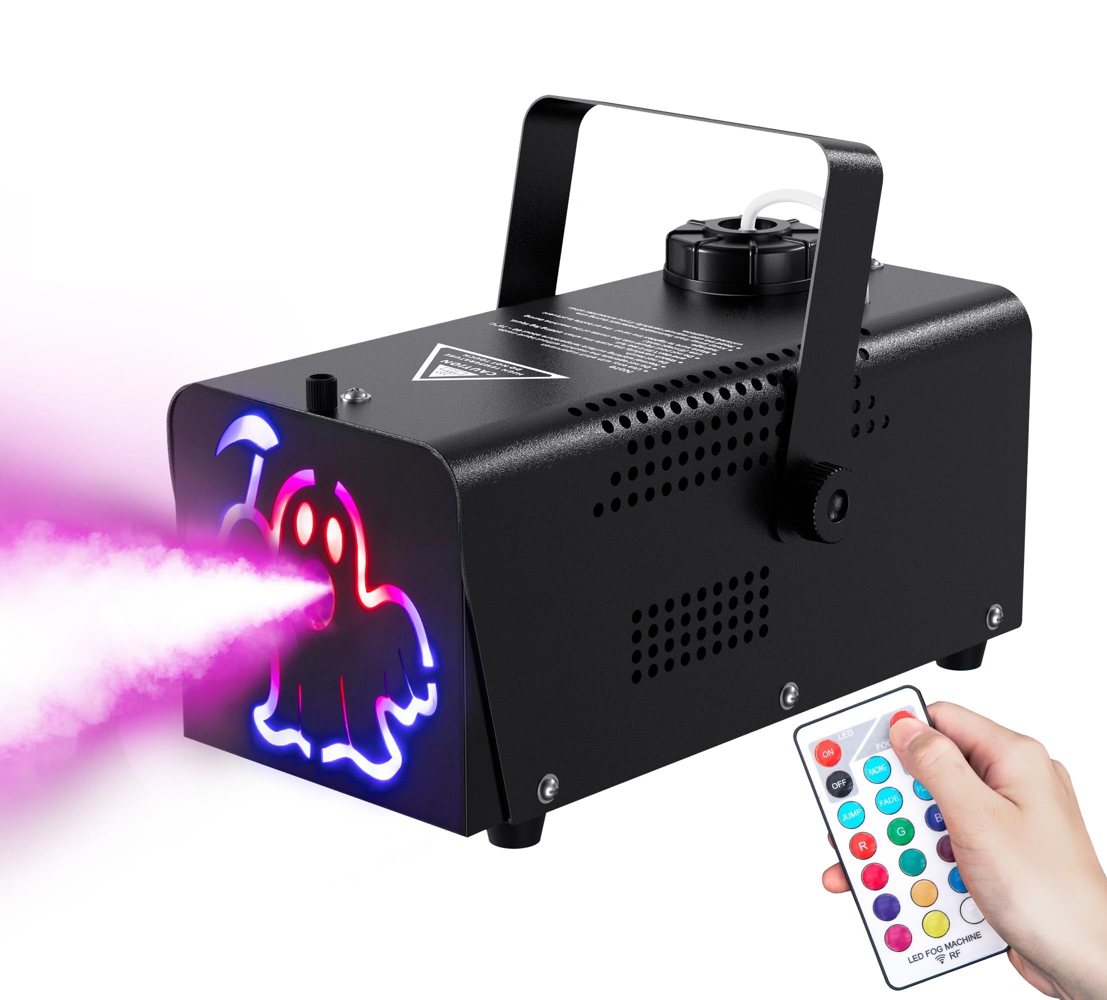 IMONE Fog Machine 500W 2000CFM 2 Spooky Themed Light Covers Smoke Machine with 72-LEDs with 12 Light Colors, Wireless Remote Controls, for Halloween, Wedding, Parties, DJ Stage, Indoor & Outdoor Use