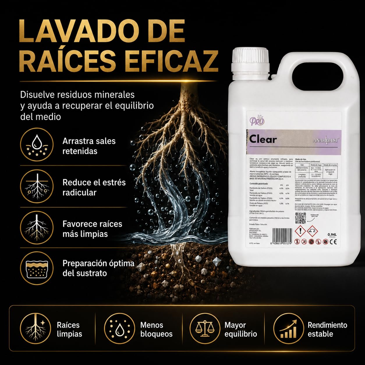 CLEAR 18,92 L – Limpiador de Sales y Sustrato Flush Raíces Limpieza Sistemas Hidropónicos Fertilizante Mantenimiento Cultivo Interior y Exterior - Anarkia81