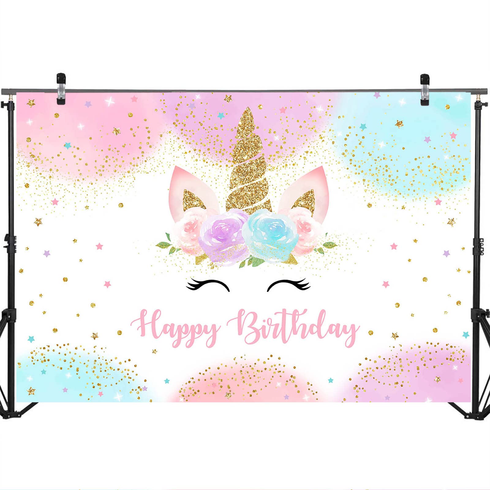 Avezano Tęczowy jednorożec tło złoty brokat jednorożec 'Happy Birthday' tło dla dziewcząt akwarela kwiatowy jednorożec przyjęcie urodzinowe zdjęcie tło dekoracje baner materiały (3 x 2,4 m)
