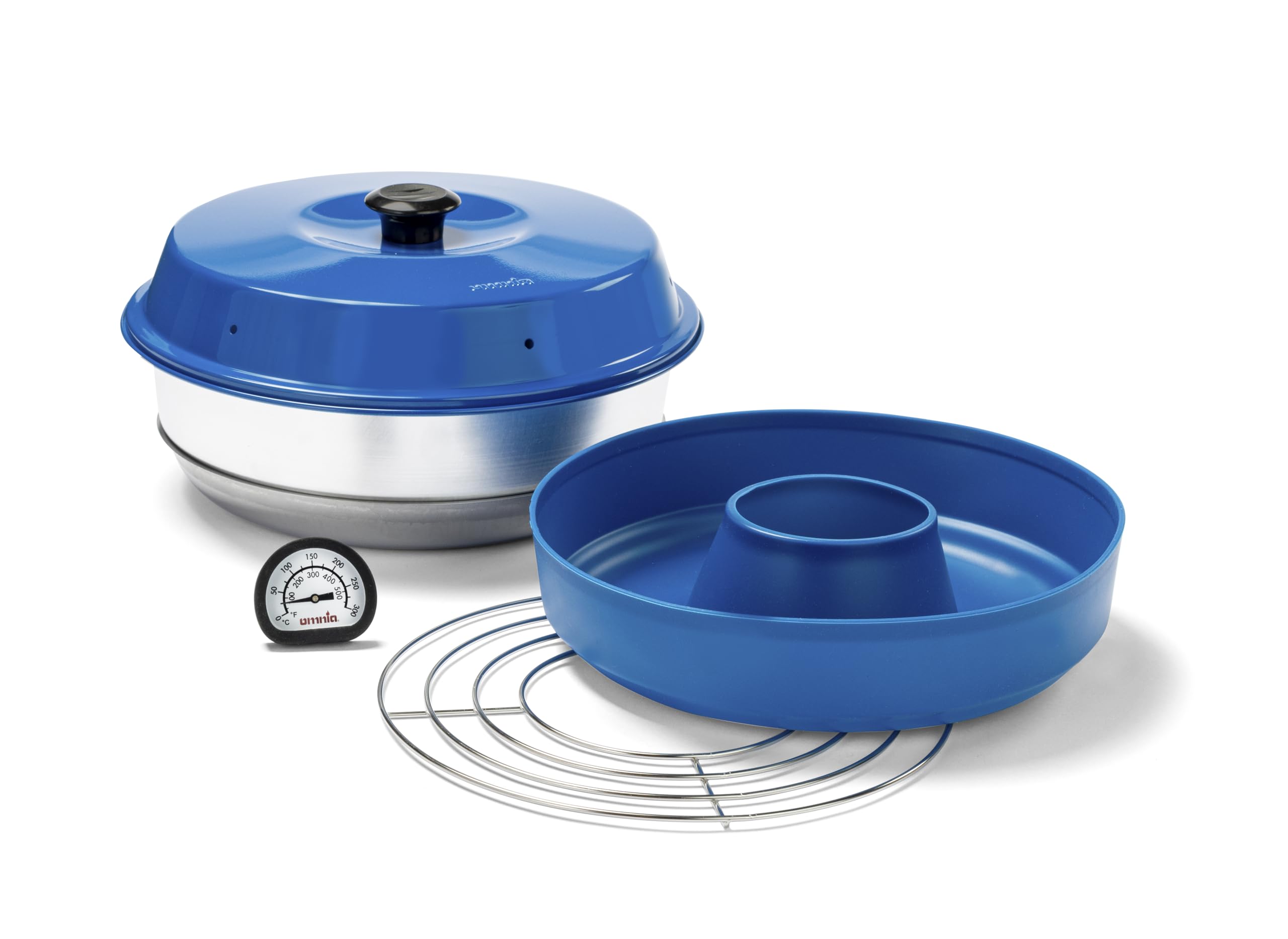 Omnia Kit Marine Four Portable 2L en Aluminium et Acier Inoxydable avec Moule en Silicone Anti-Adhésif, Grille de Four et Thermomètre, Forme Ronde, Bleu