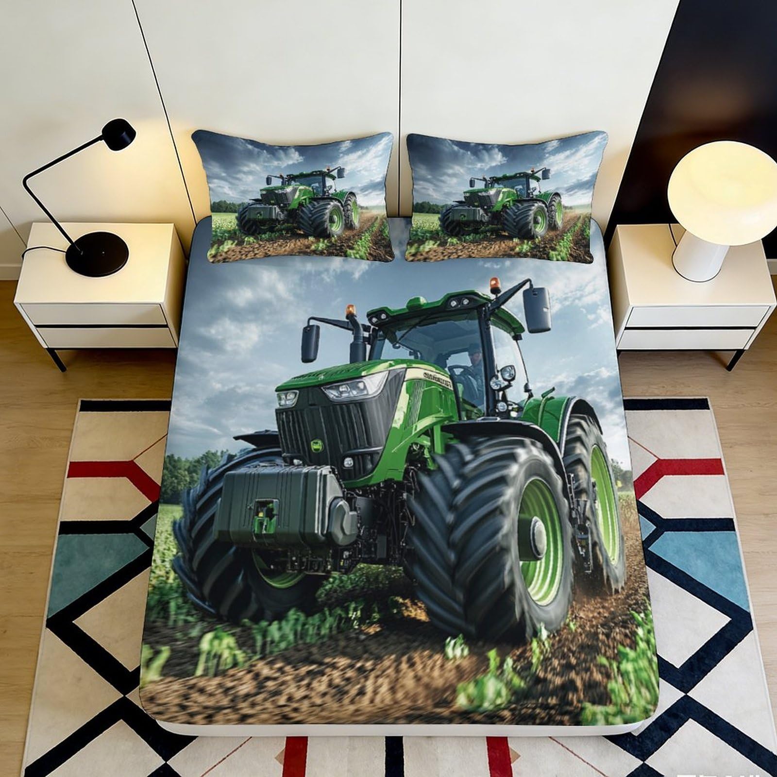 3D Printed Green Tractor Fitted Sheet Microfiber Soft Breathable Farm Scene Mattress Cover for Bedroom Dorm Decor 90x200x25cm