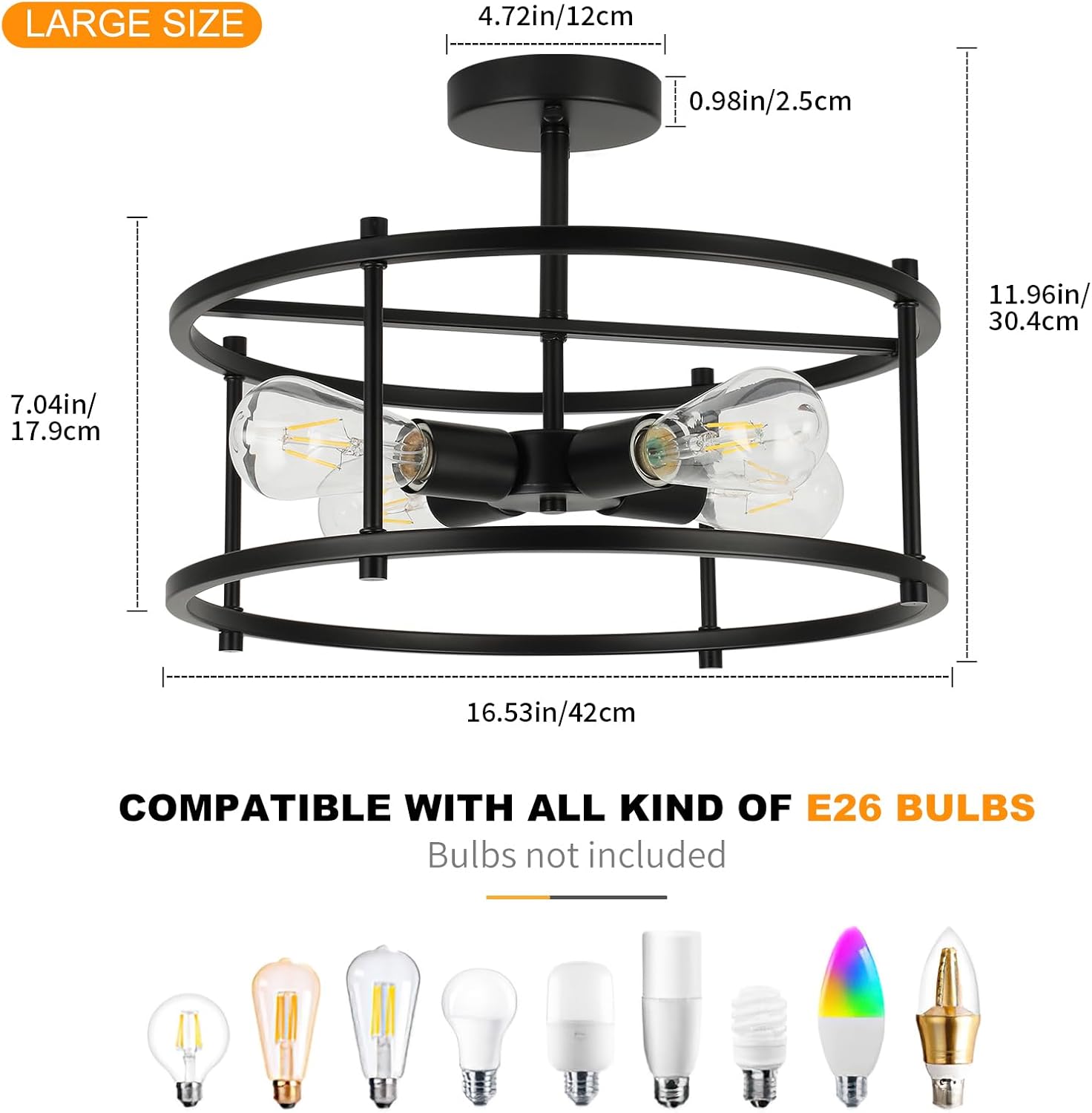 Semi Flush Mount Ceiling Light Fixtures 16.53'' Black Kitchen Light Farmhouse Ceiling Light Fixtures, 4 Light Industrial Semi Ceiling Lights for Bedroom, Dining Room Living Room Hallway