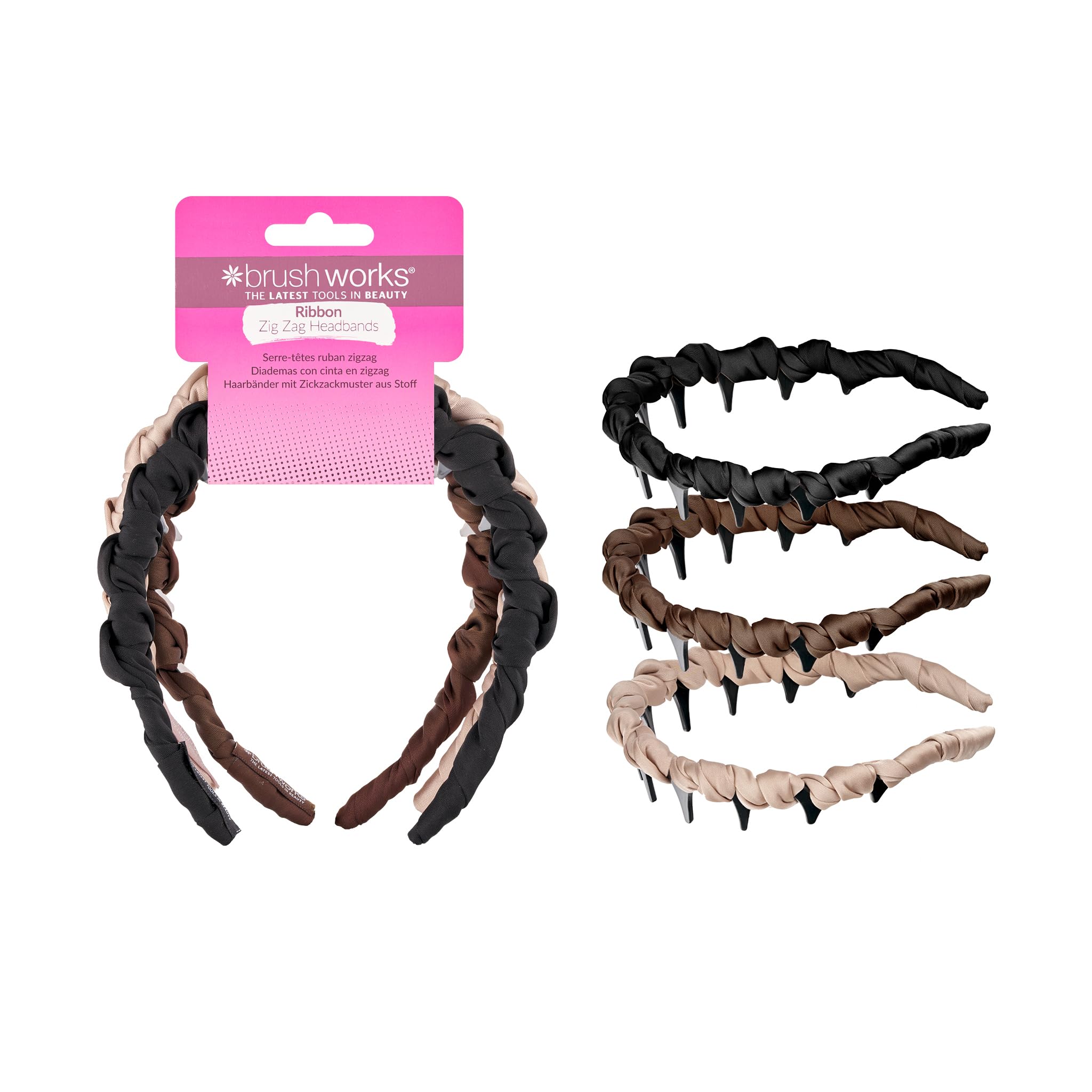 Brushworks Ribbon Zig Zag Headbands 3 Pack – 90s Inspired Ribbon-Wrapped Hairbands in Black, Brown & Beige, Satin, Ruched, Comfortable, Stylish & Secure Everyday Hair Accessories