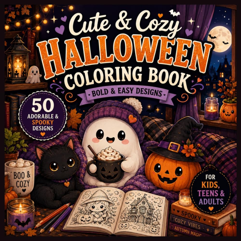 Cute & Cozy Halloween Coloring Book for Adults, Teens & Kids: Bold and Easy Spooky Cute Designs for Relaxation