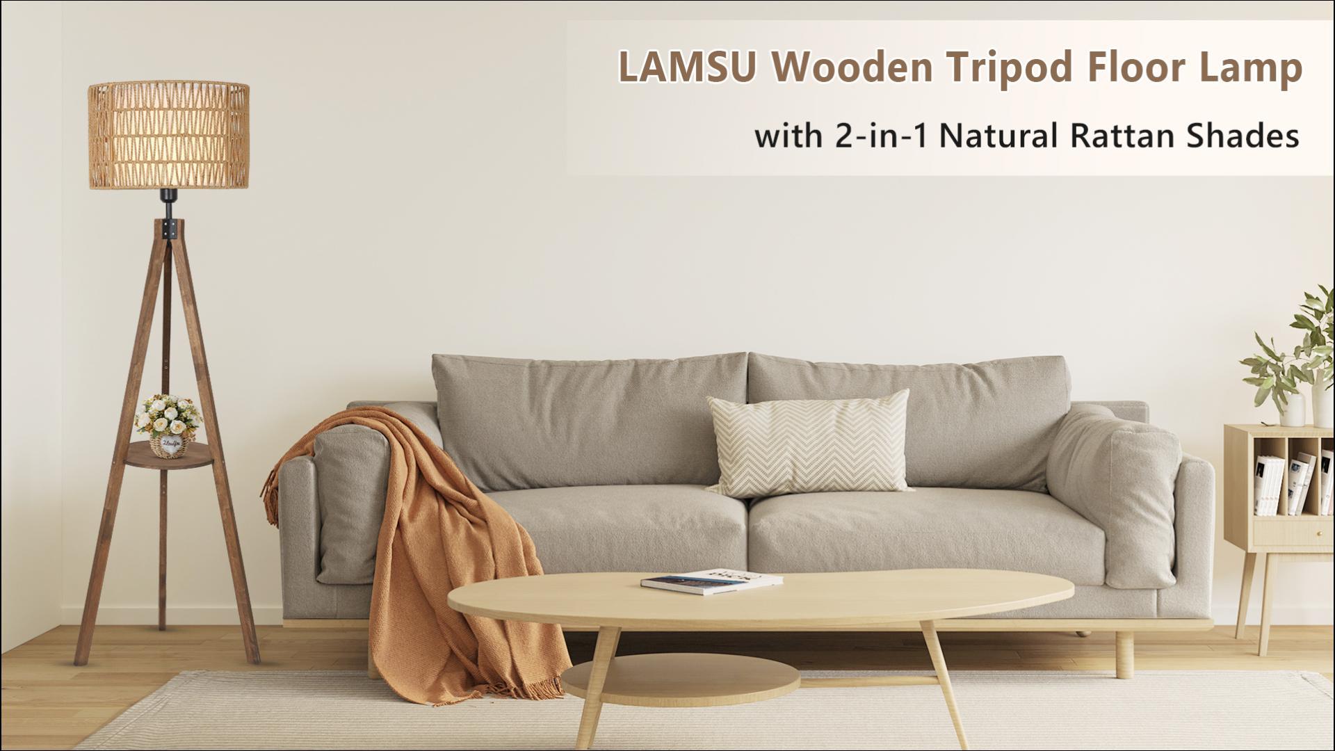Image of LAMSU Boho Tripod Floor Lamps for Living Room, Rattan Wood Floor Lamp with Fabric Shades, Mid Century Standing Lamp with Shelf, Foot Switch, Modern Farmhouse Tall Lamps for Bedroom Office Brown