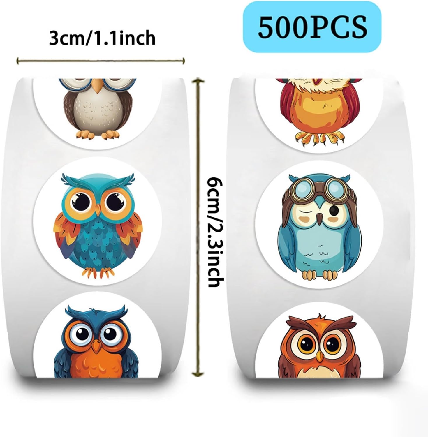 Cute Owl Stickers Roll, 500 PCS with 10 Different Patterns, Kawaii Animal Decals, Waterproof Vinyl Sticker Pack for Party Favors, Classroom Rewards, and Goodie Bags (Owl) (owl)