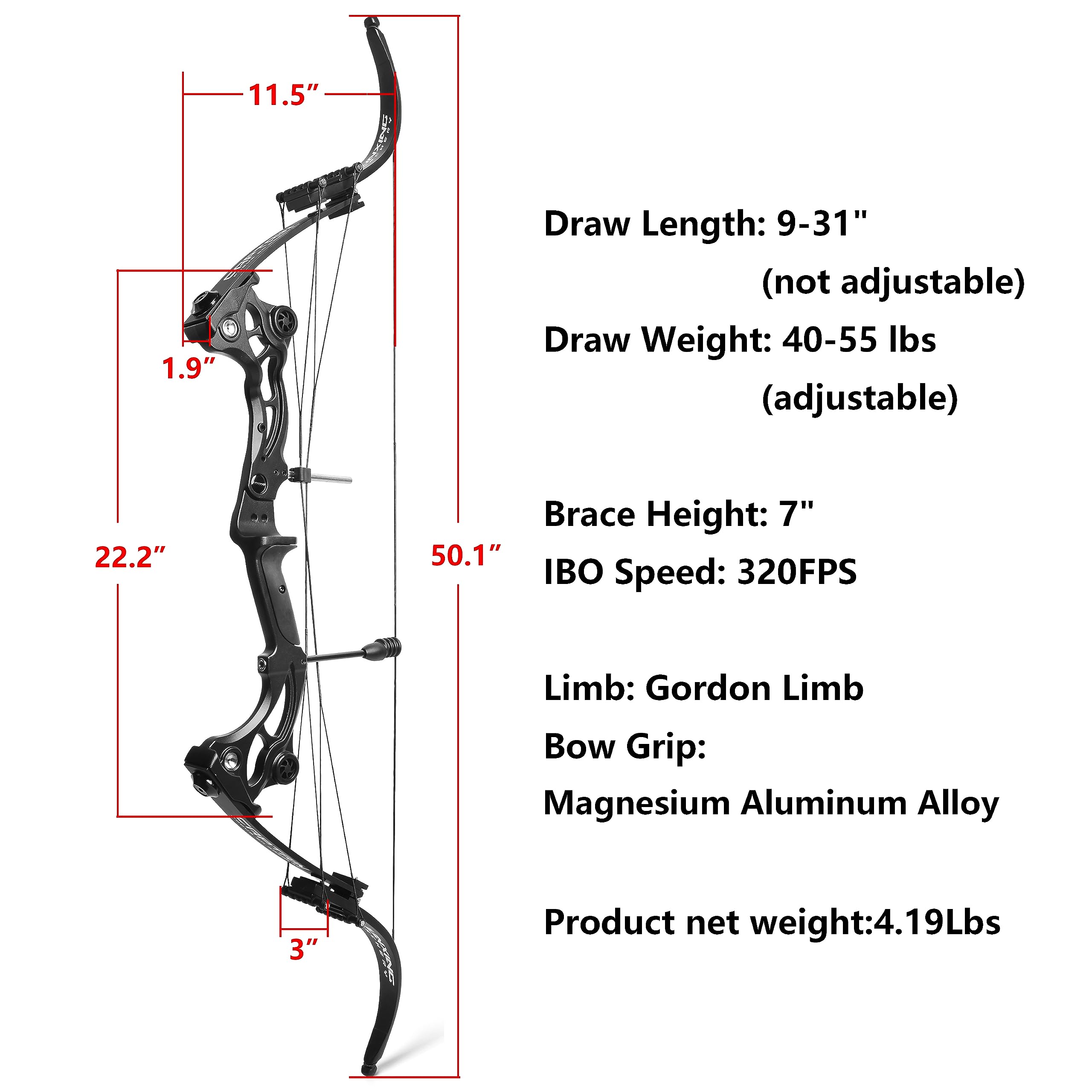 Arc à poulies réglable 30-60lbs pour tir à l'arc, flèches et billes d'acier, double usage, pêche, tir, chasse