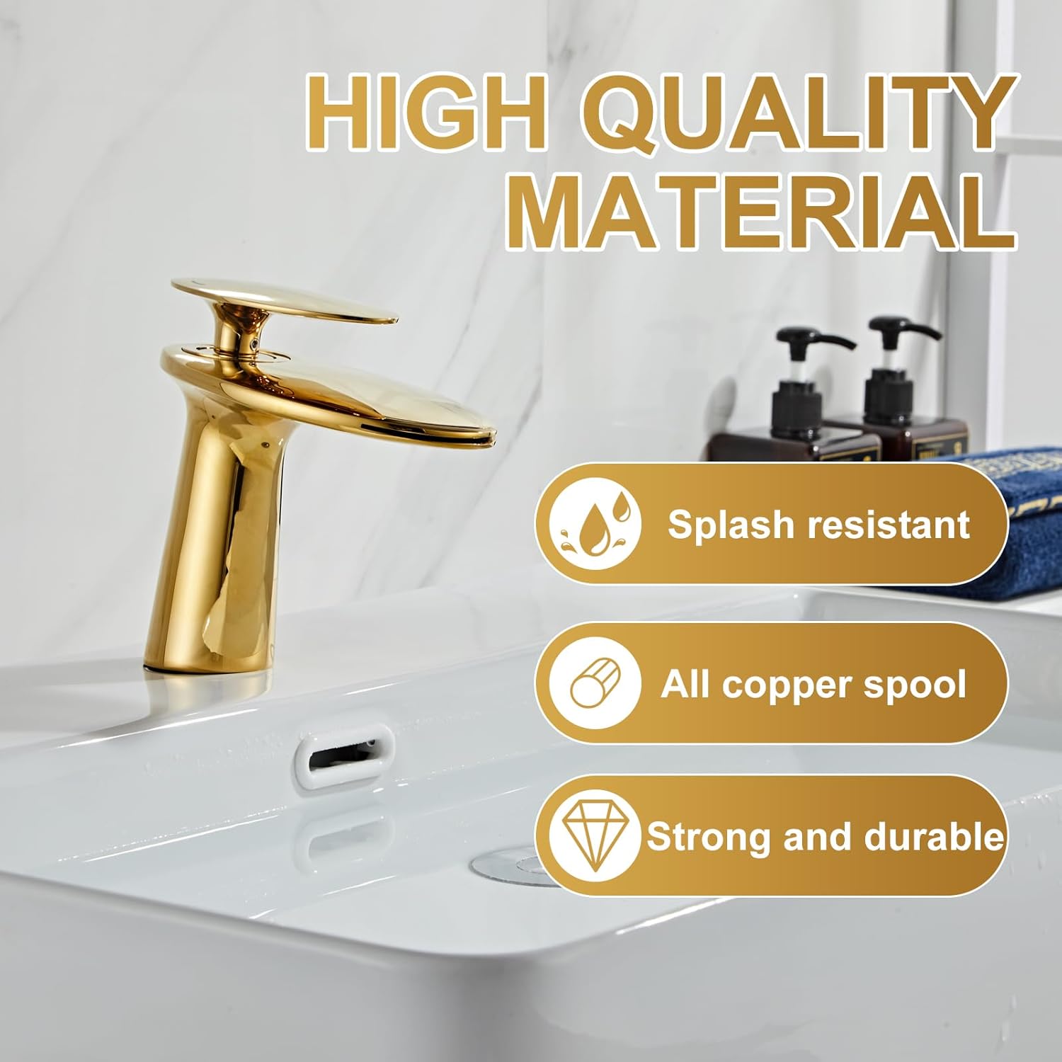 Wovier Shiny Polished Gold Waterfall Bathroom Sink Faucet,Single Handle Single Hole Brass Lavatory Vanity Faucet,Slanted Body Basin Mixer Tap with Supply Hose and Pop Up Drain Assembly