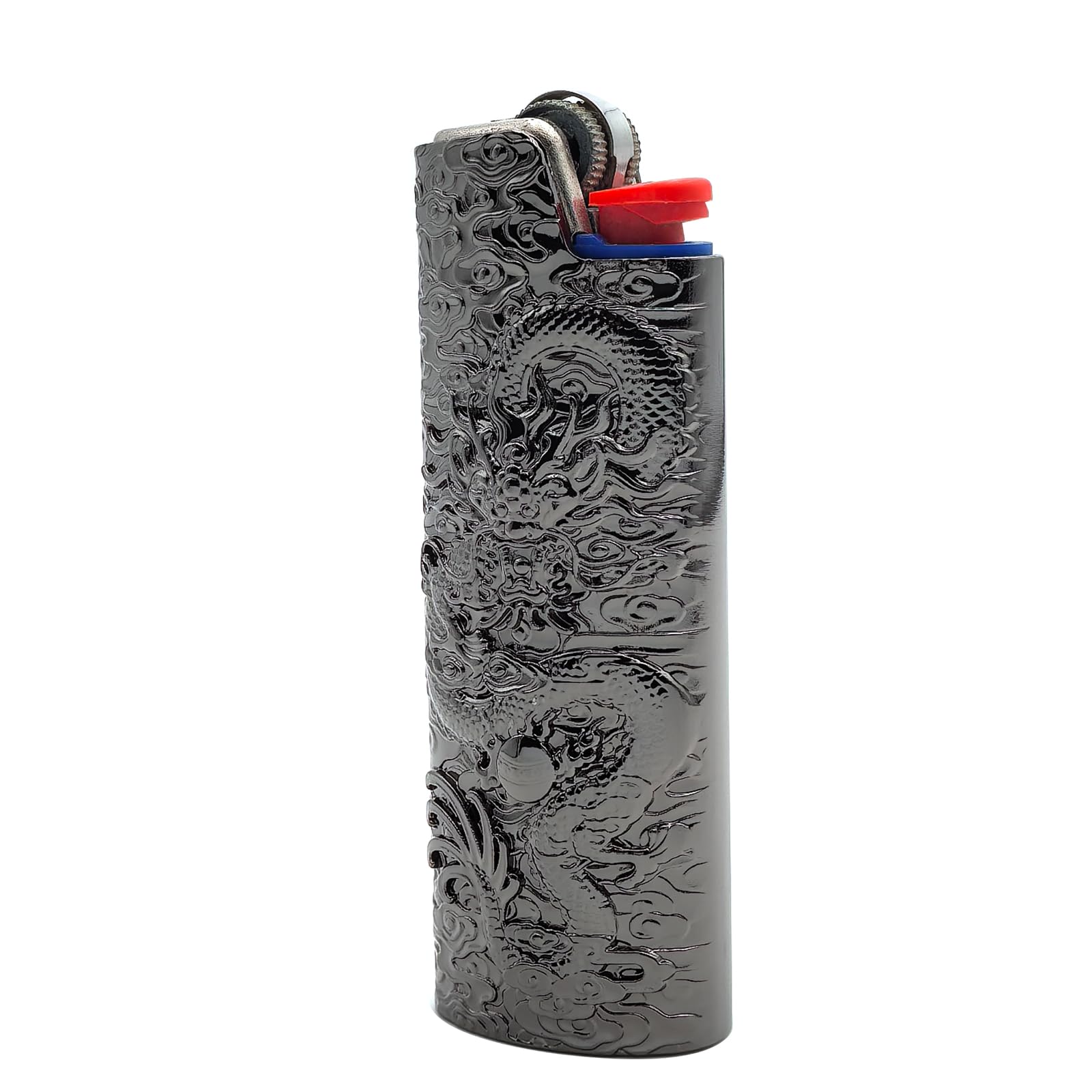 Metal Lighter Case Cover Holder Vintage Dragon Engraving for BIC Full Size Lighter J6 (Black)-image-32