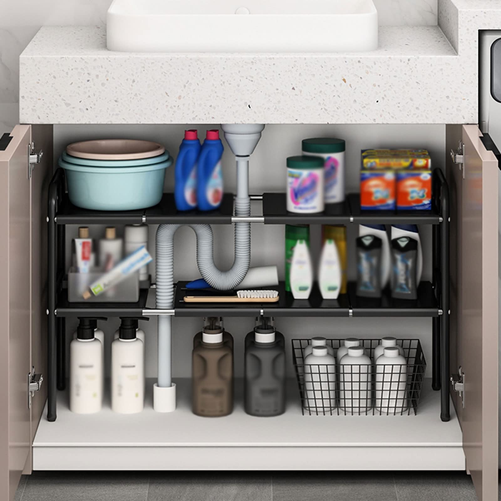 Aufbewahrungsregal unter der Spüle, Küchen-Caddy-Rack-Organizer unter der Spüle, verstellbare, ausziehbare, herausnehmbare, ordentliche Aufbewahrungseinheit – Mehrzweck-Badezimmer-Schuhregale (Farbe
