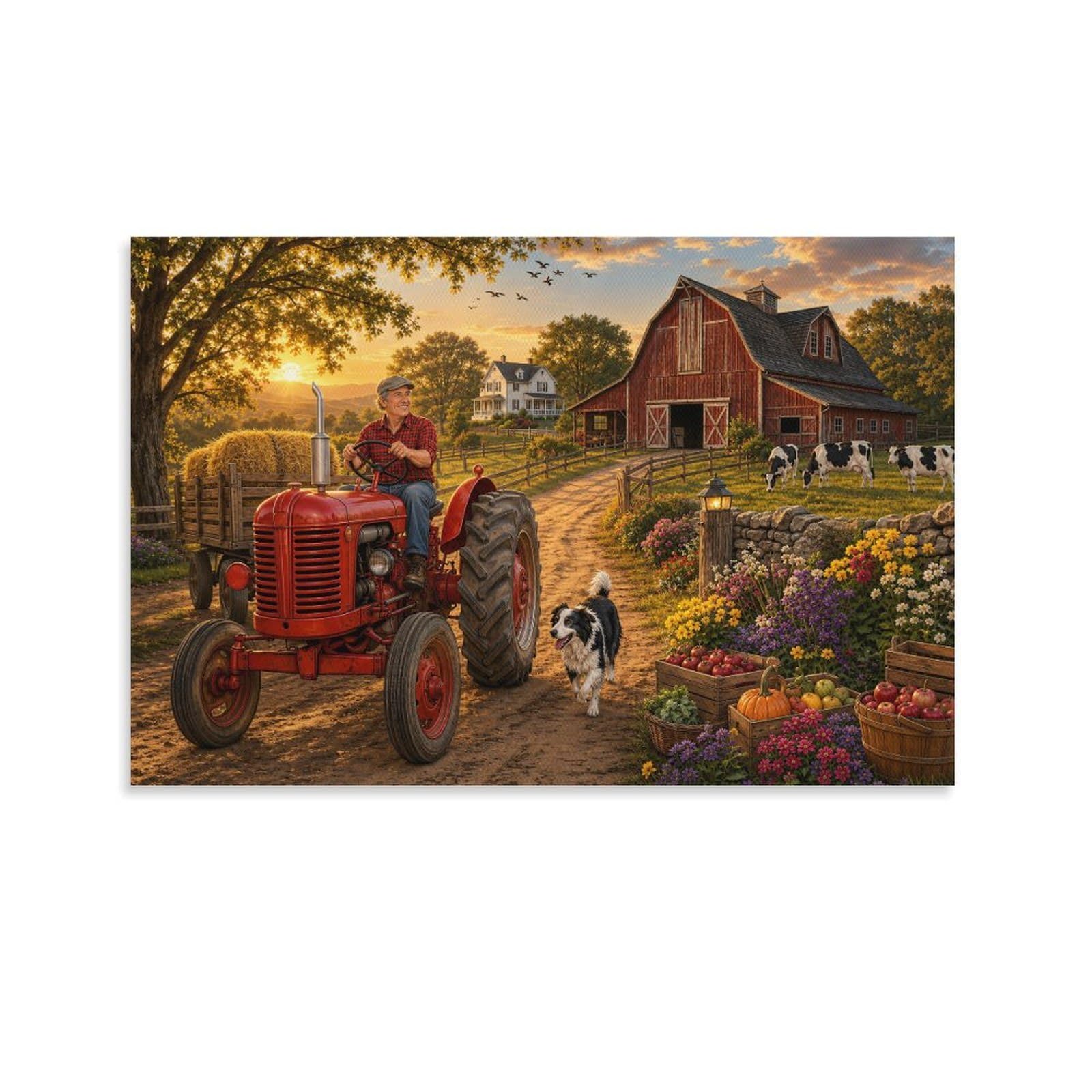 ASDFGHJKLZA Red Tractor Farm Harvest Canvas Prints HD Wall Art Modern Artwork Poster Decor for Home, Dining Room, Bedroom, Living Room Decorations, Gift 24x36inch(60x90cm)