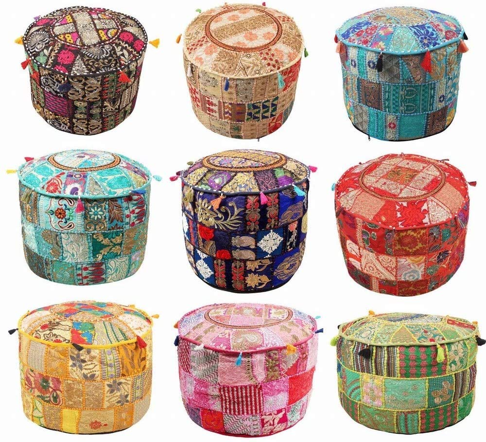 GANESHAM Indian Hippie Vintage Cotton Floor Pillow & Cushion Patchwork Bean Bag Chair Cover Boho Bohemian Hand Embroidered Handmade Pouf Ottoman (Mix 5 pc lot (Assorted), 13 H x 22 Diam.(inch))
